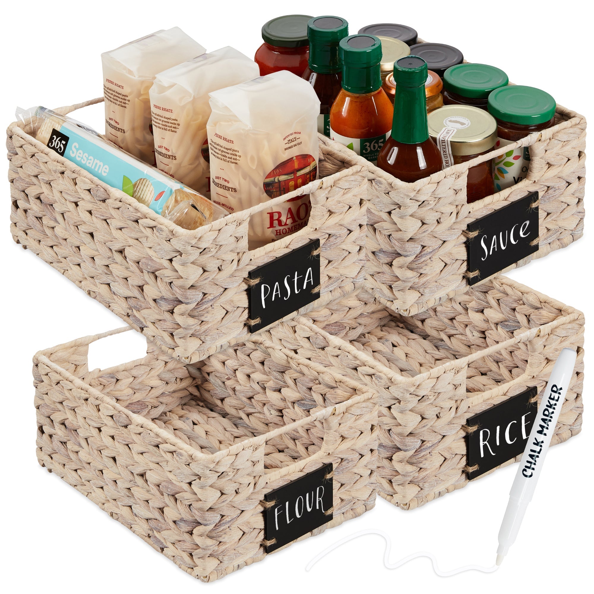 Set of 4 Water Hyacinth Pantry Baskets w/ Chalkboard, Marker - 12in - White