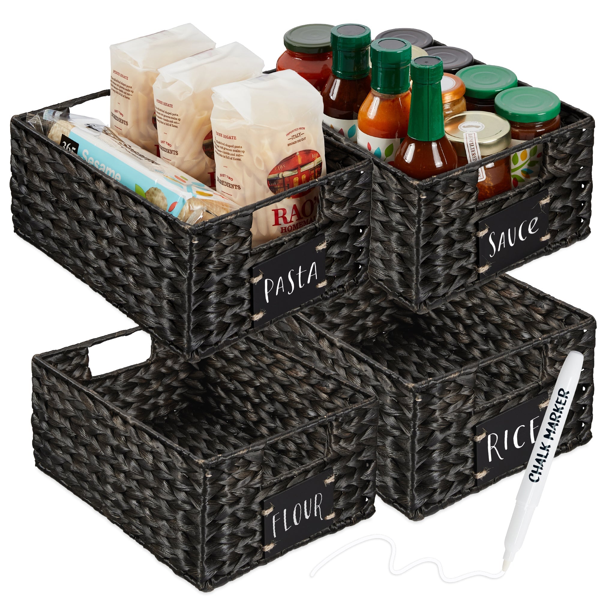 Set of 4 Water Hyacinth Pantry Baskets w/ Chalkboard, Marker - 12in - Black