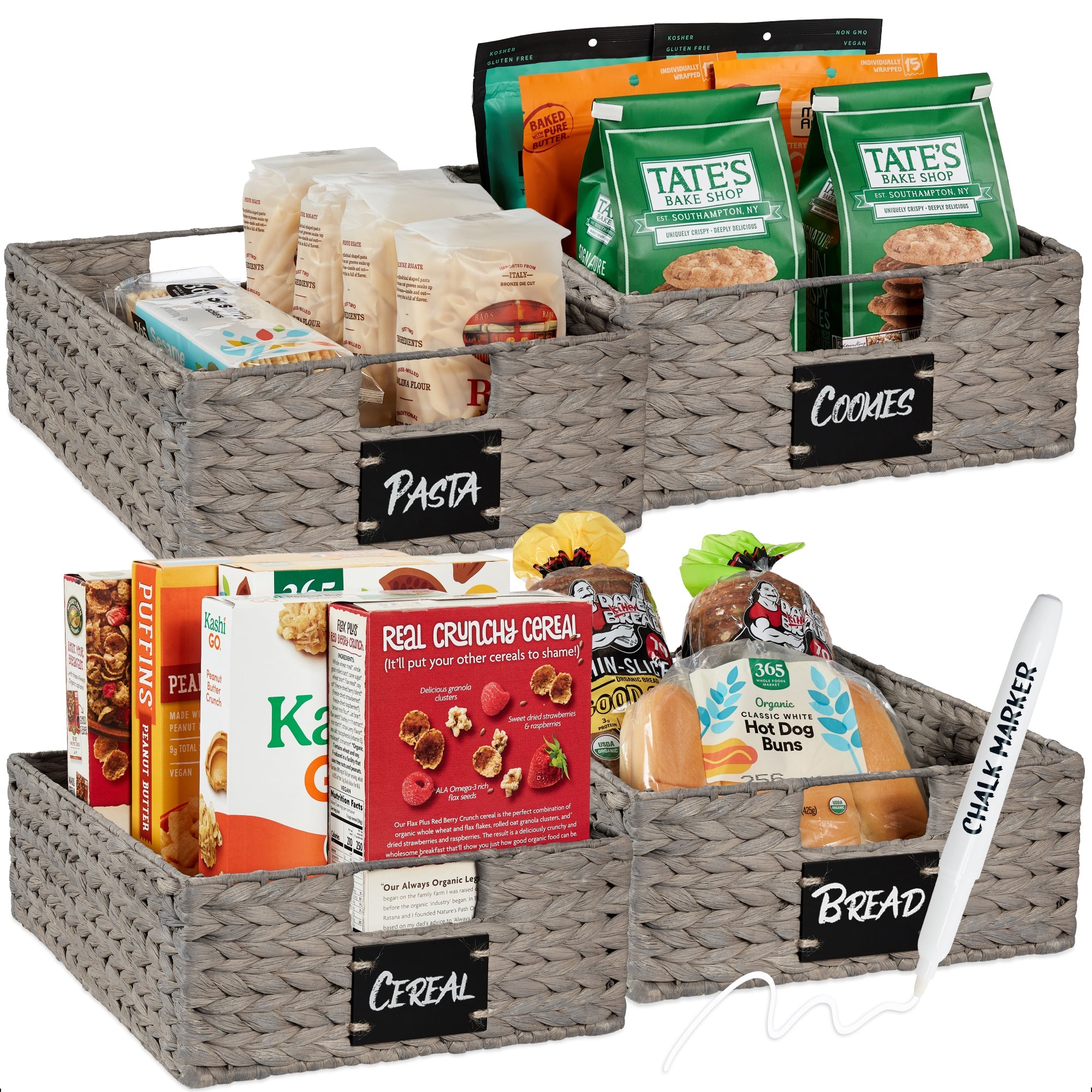 Set of 4 Water Hyacinth Pantry Baskets w/ Chalkboard, Chalk Marker - Gray