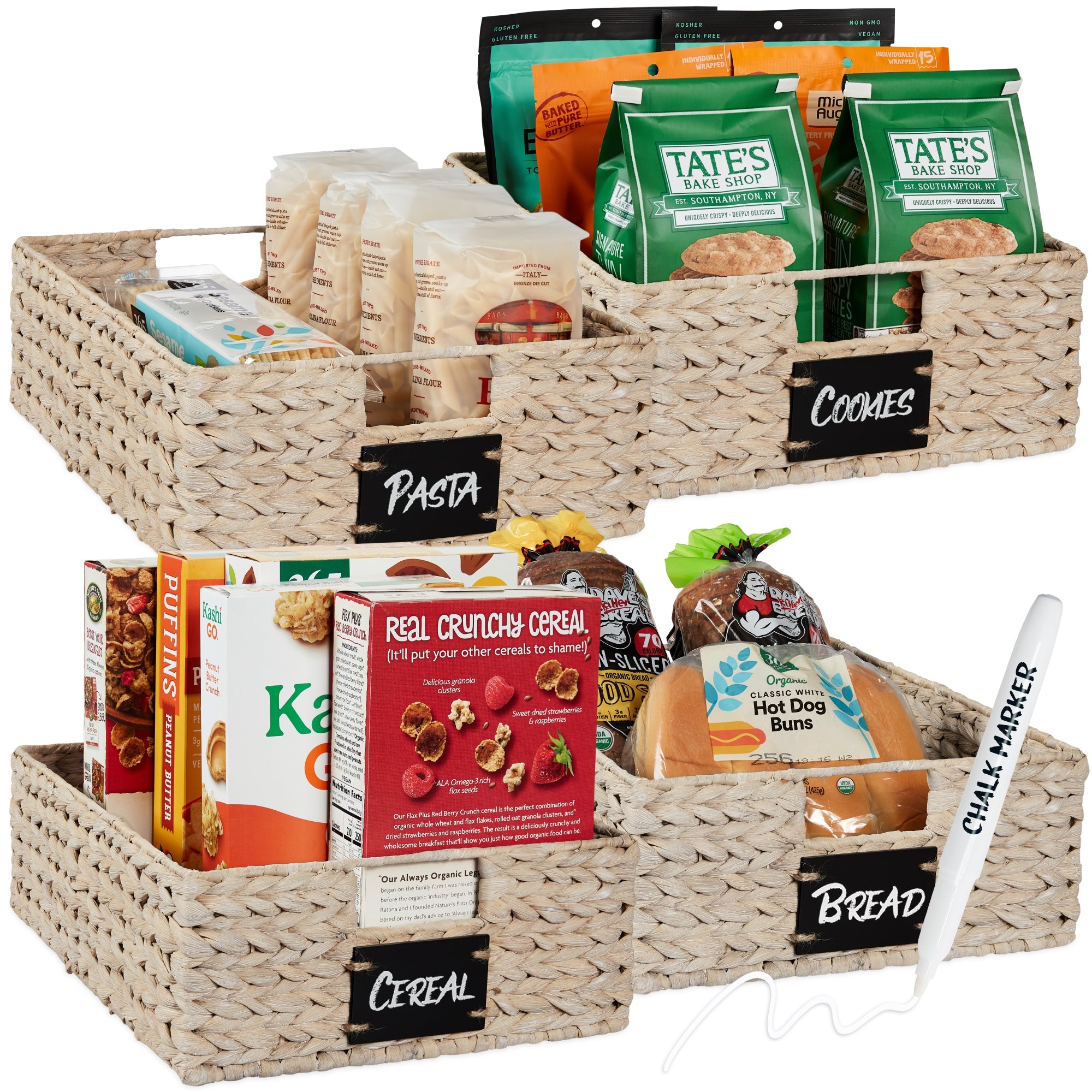 Set of 4 Water Hyacinth Pantry Baskets w/ Chalkboard, Chalk Marker - White