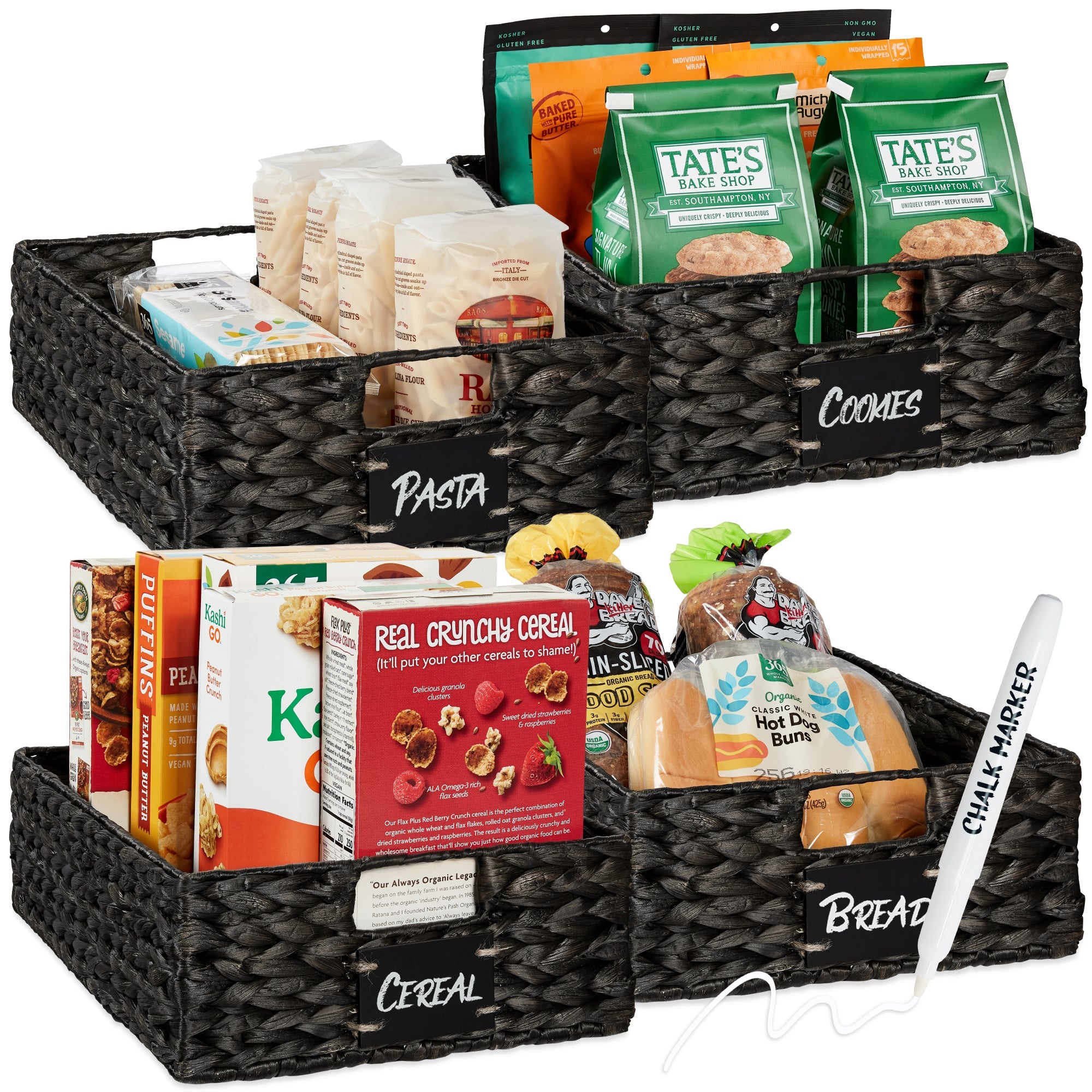 Set of 4 Water Hyacinth Pantry Baskets w/ Chalkboard, Chalk Marker - Black