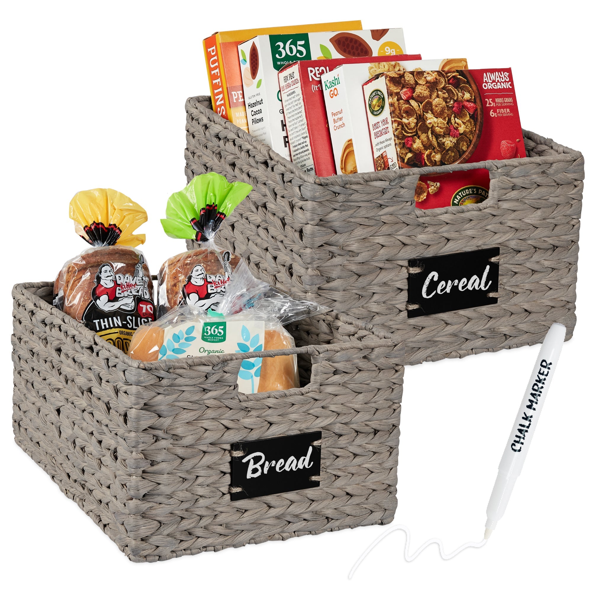 Set of 2 Water Hyacinth Pantry Baskets w/ Chalkboard, Marker - 16in - Gray