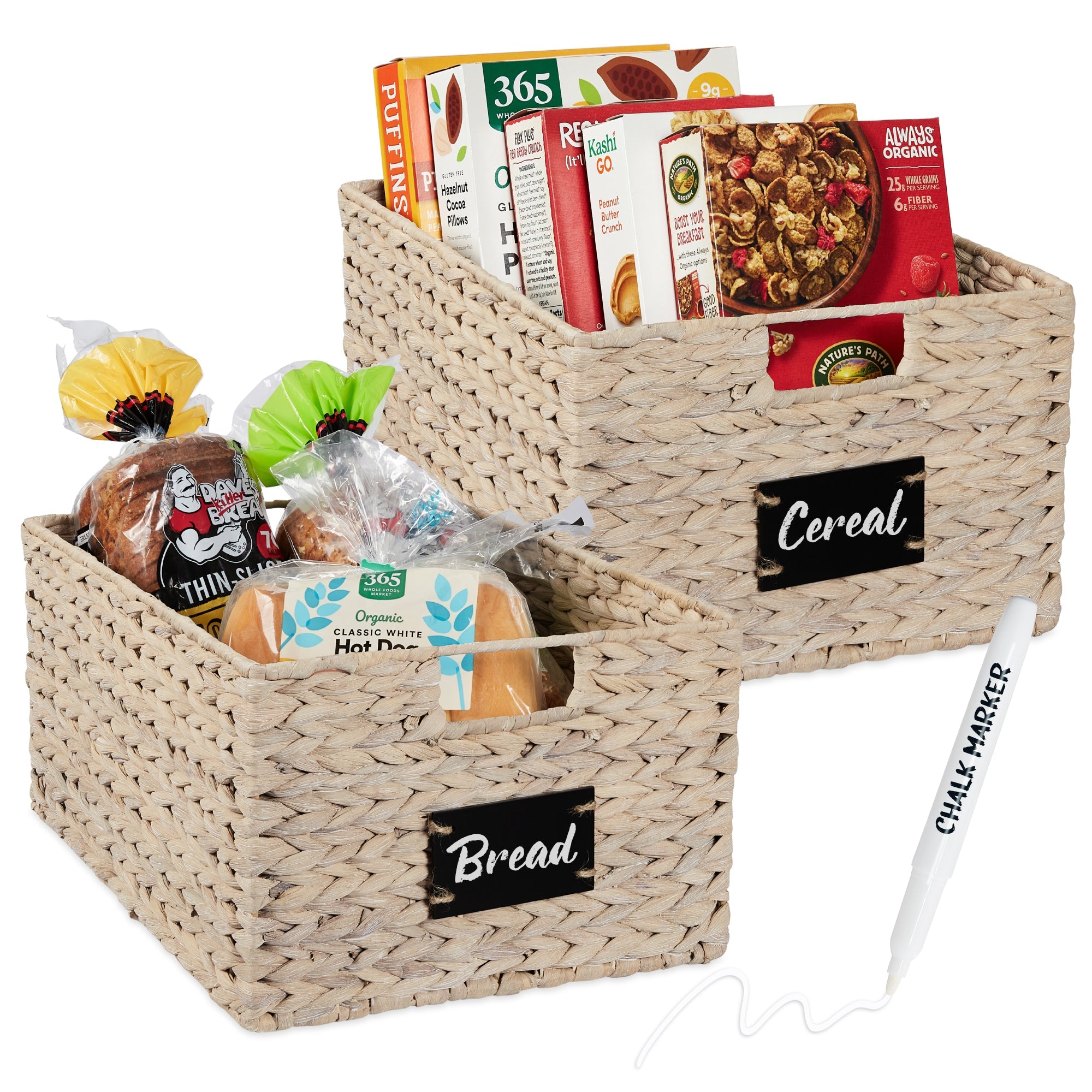 Set of 2 Water Hyacinth Pantry Baskets w/ Chalkboard, Marker - 16in - White