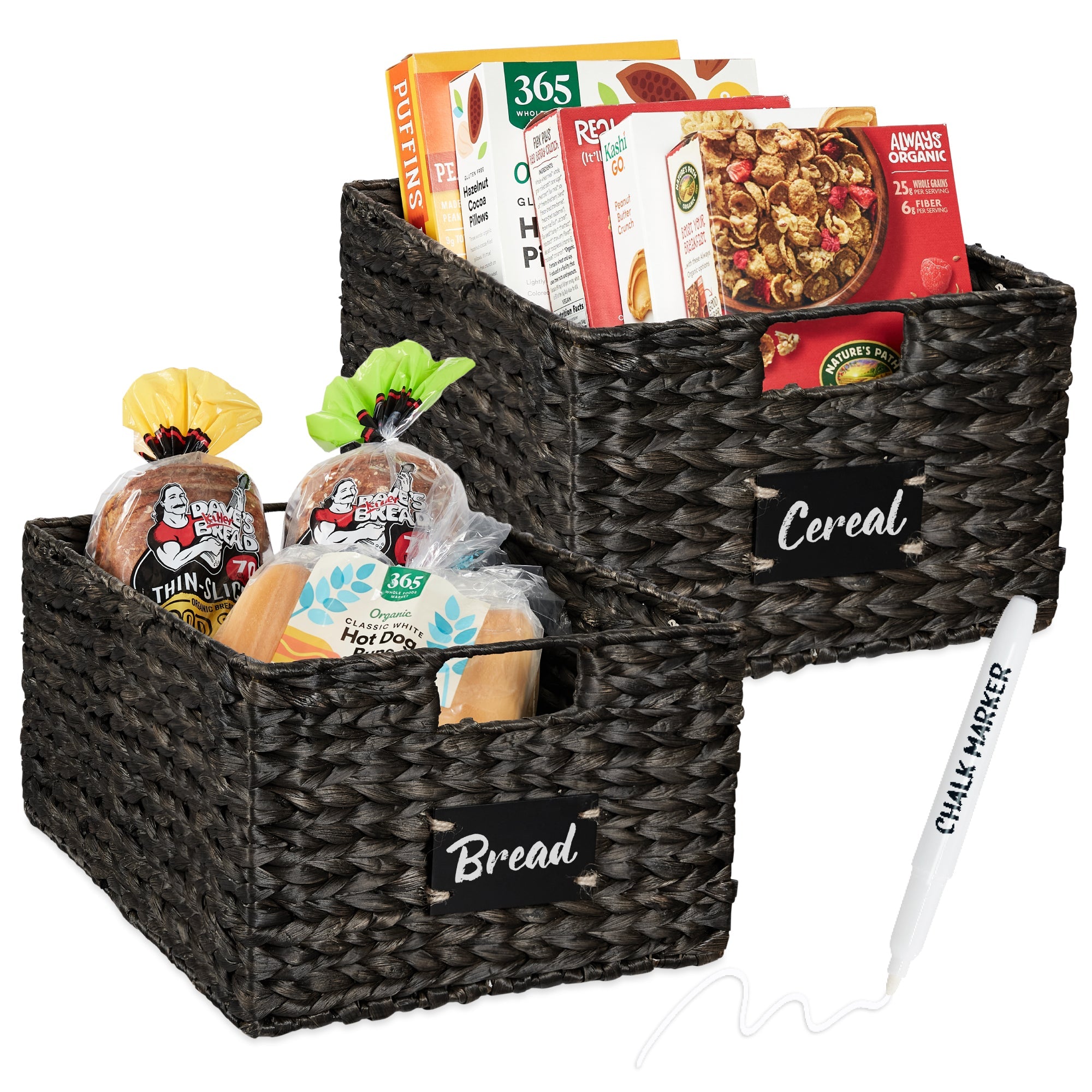 Set of 2 Water Hyacinth Pantry Baskets w/ Chalkboard, Marker - 16in - Black