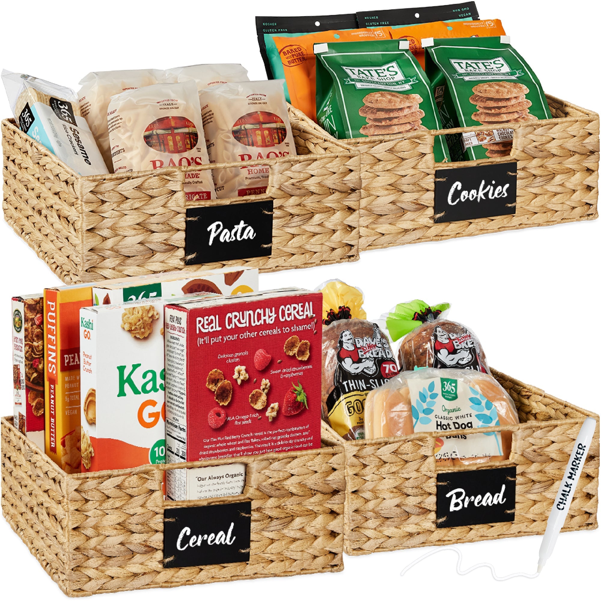Set of 4 Water Hyacinth Pantry Baskets w/ Chalkboard, Marker - 13in - Natural