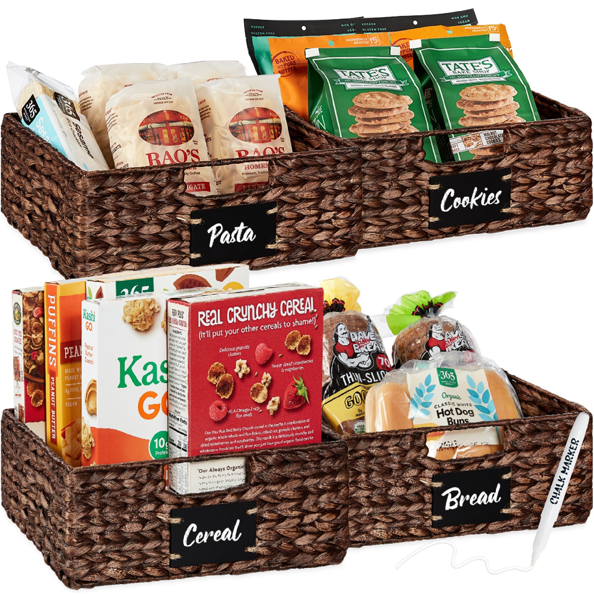 Set of 4 Water Hyacinth Pantry Baskets w/ Chalkboard, Marker - 13in - Brown