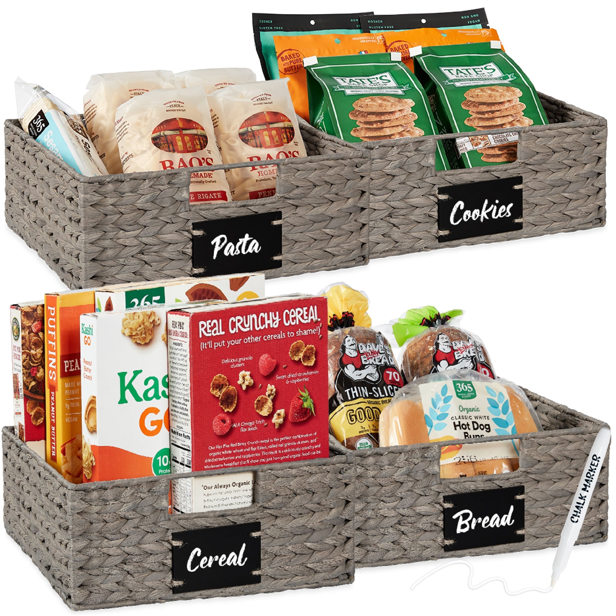 Set of 4 Water Hyacinth Pantry Baskets w/ Chalkboard, Marker - 13in - Gray