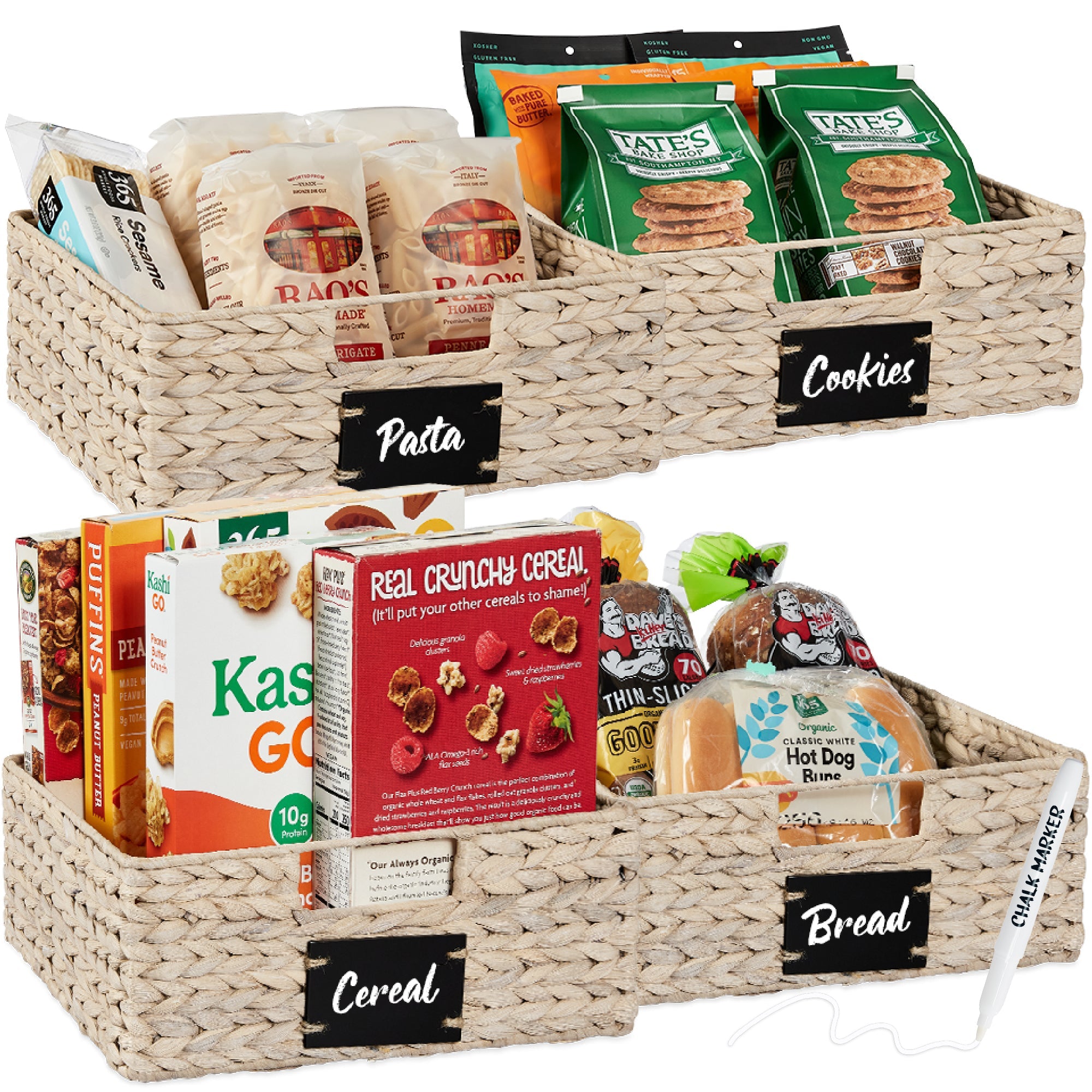 Set of 4 Water Hyacinth Pantry Baskets w/ Chalkboard, Marker - 13in - White