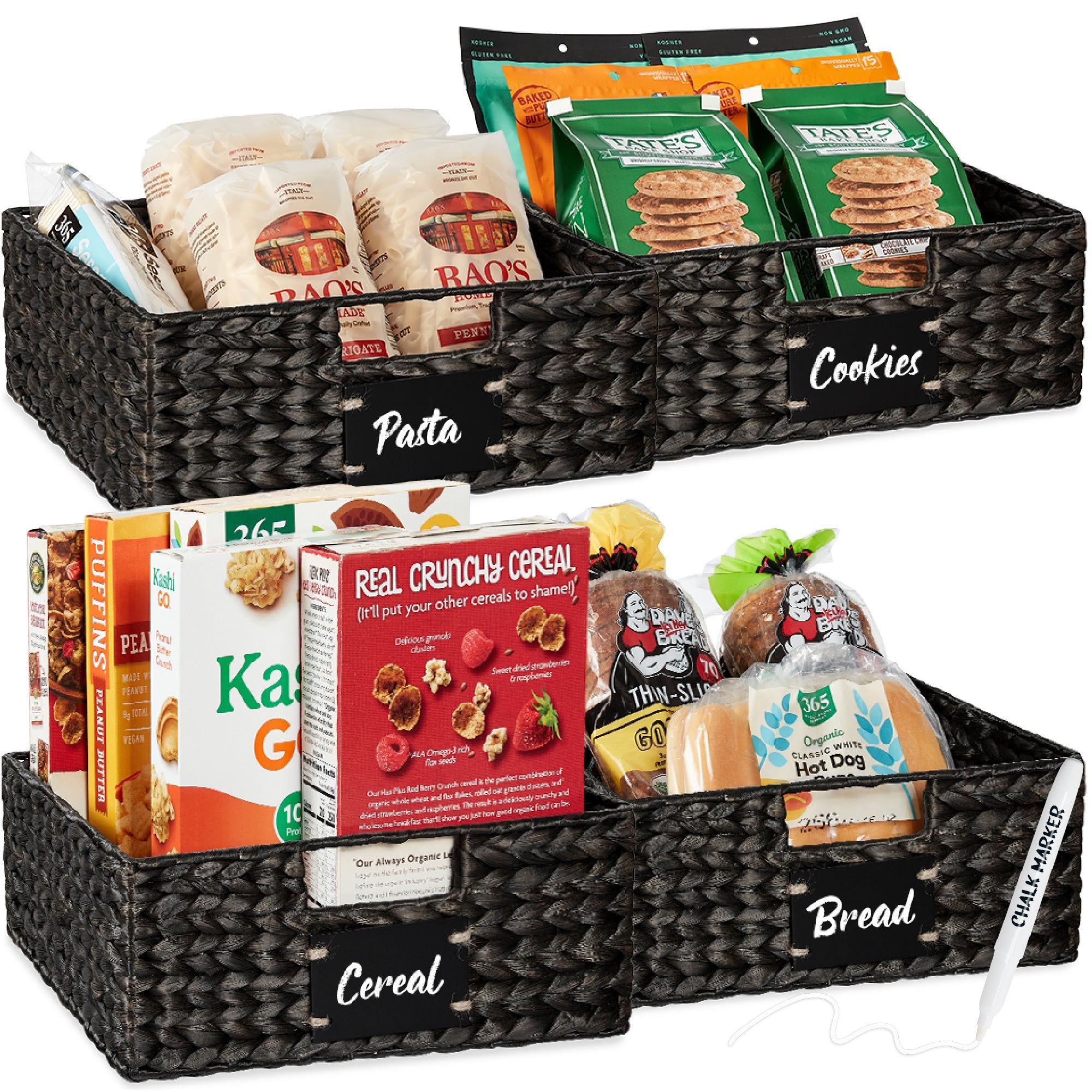 Set of 4 Water Hyacinth Pantry Baskets w/ Chalkboard, Marker - 13in - Black