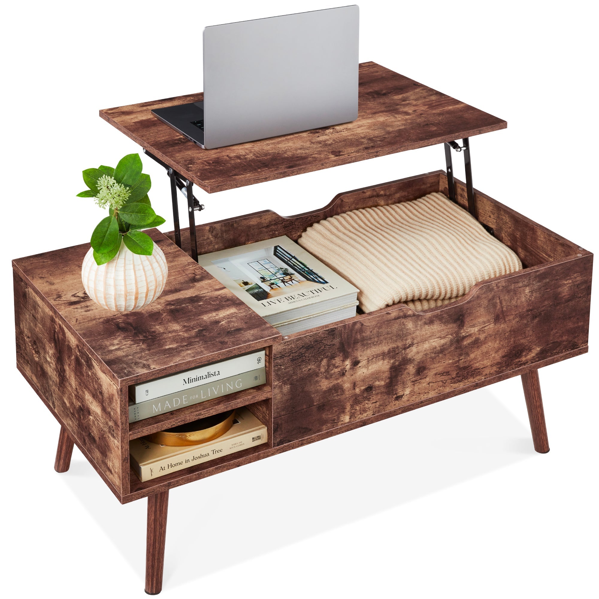 Wooden Mid-Century Modern Lift Top Coffee Table w/ Removable Shelf - Brown
