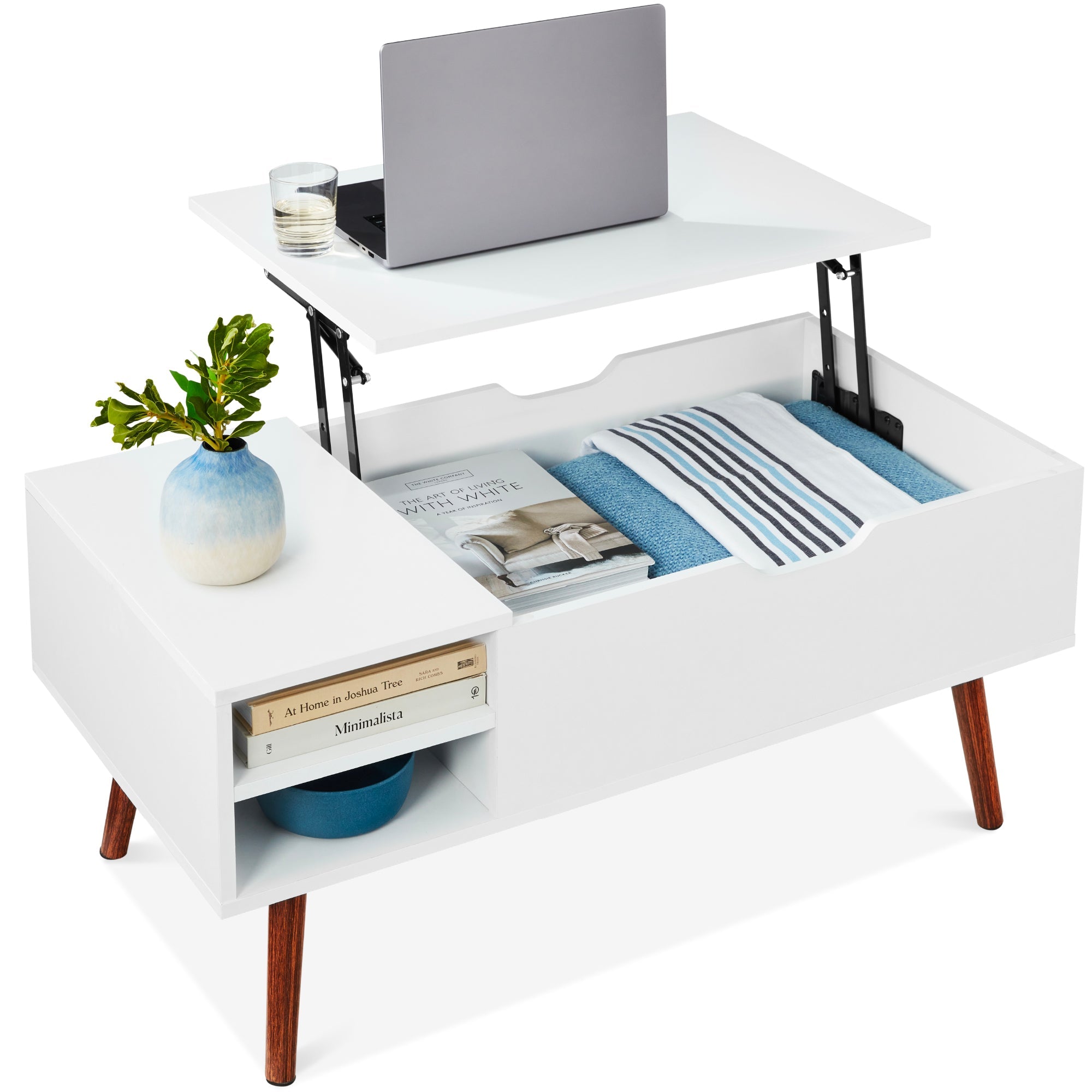Wooden Mid-Century Modern Lift Top Coffee Table w/ Removable Shelf - White/Brown