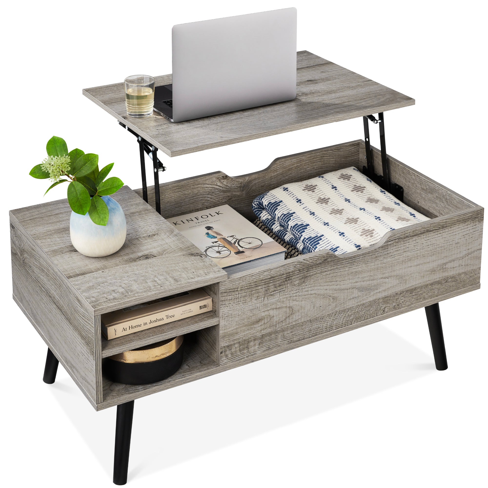 Wooden Mid-Century Modern Lift Top Coffee Table w/ Removable Shelf - Gray