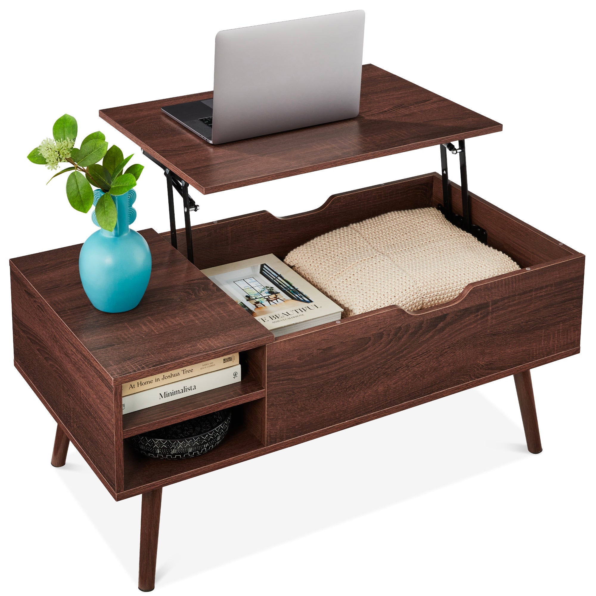 Wooden Mid-Century Modern Lift Top Coffee Table w/ Removable Shelf - Walnut