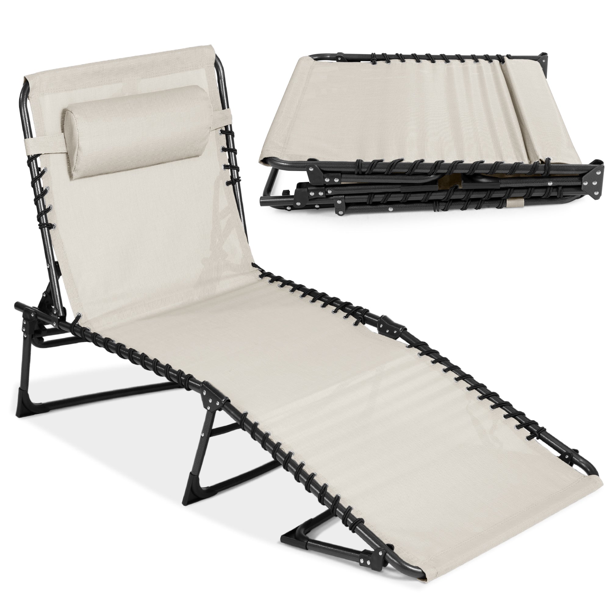 Portable Patio Chaise Lounge Chair Outdoor Recliner w/ Pillow - Ivory