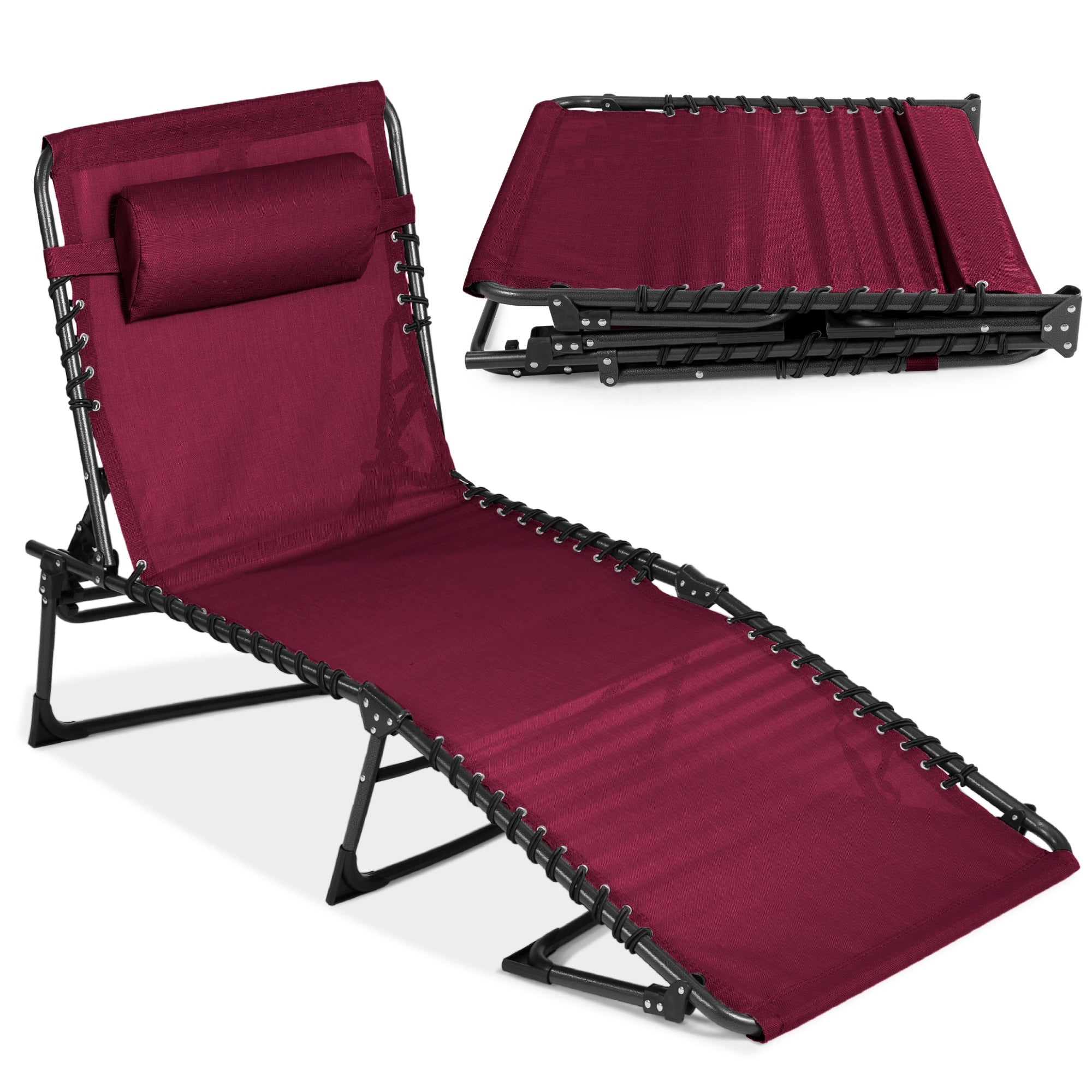 Portable Patio Chaise Lounge Chair Outdoor Recliner w/ Pillow - Wine Red