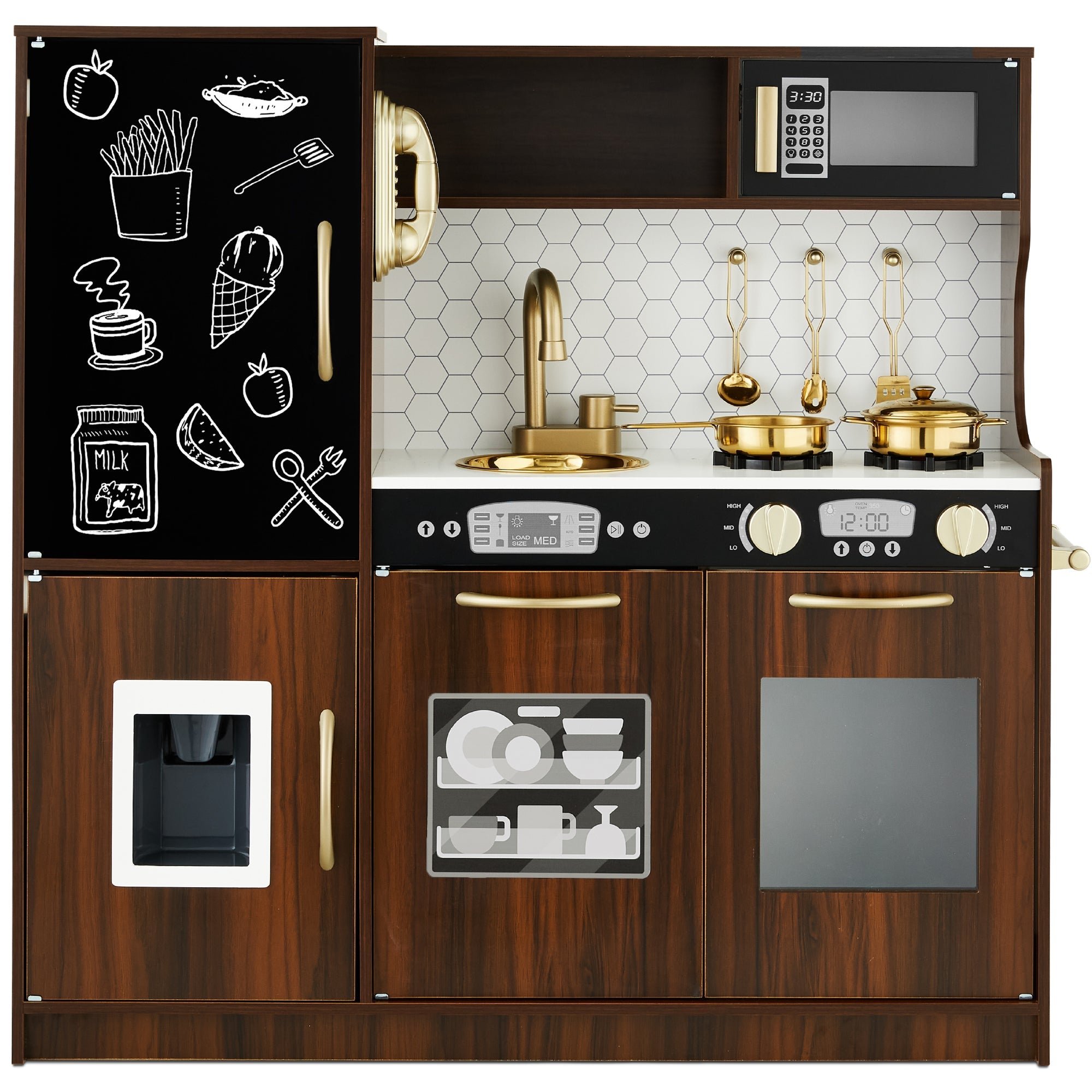 Pretend Play Kitchen Wooden Toy Set for Kids with 11 Accessories - Espresso