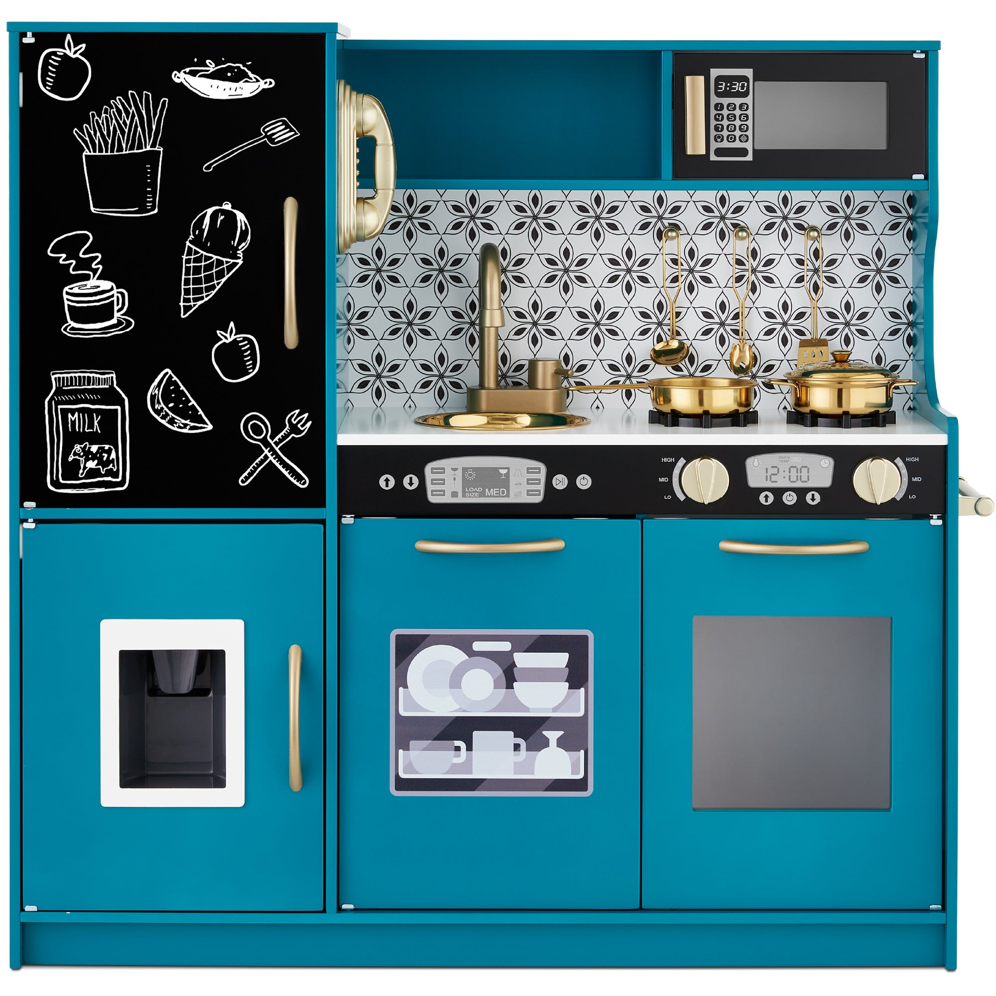 Pretend Play Kitchen Wooden Toy Set for Kids with 11 Accessories - Teal