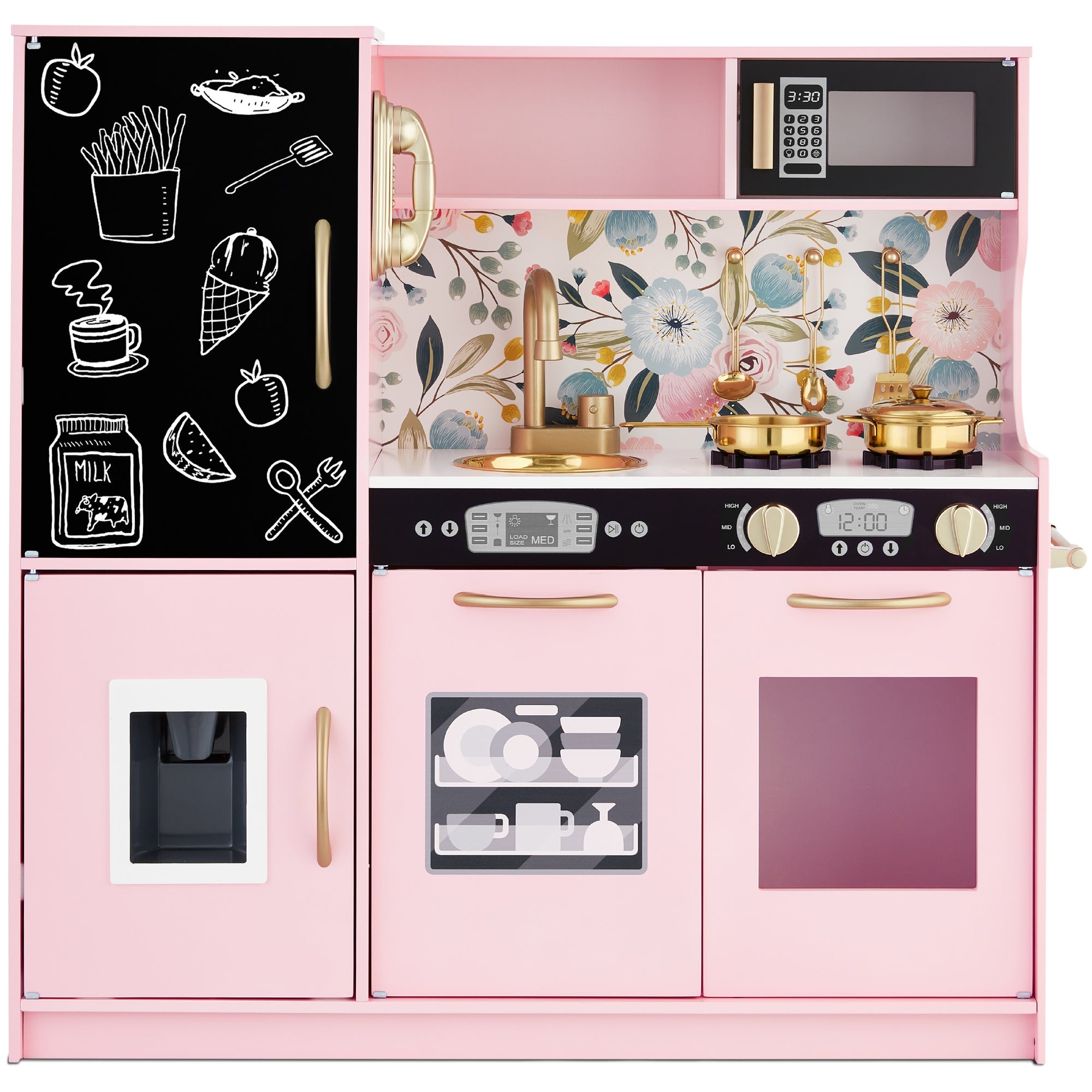 Pretend Play Kitchen Wooden Toy Set for Kids with 11 Accessories - Pink Floral