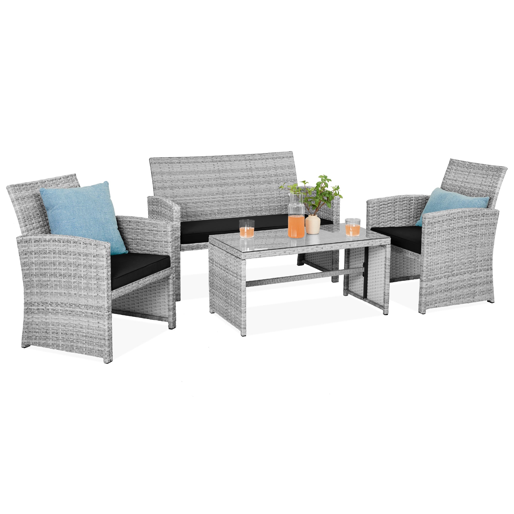 4-Piece Outdoor Wicker Conversation Patio Set w/ 4 Seats, Glass Table Top - Gray/Black