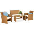 4-Piece Outdoor Wicker Conversation Patio Set w/ 4 Seats, Glass Table Top - Natural/Ivory