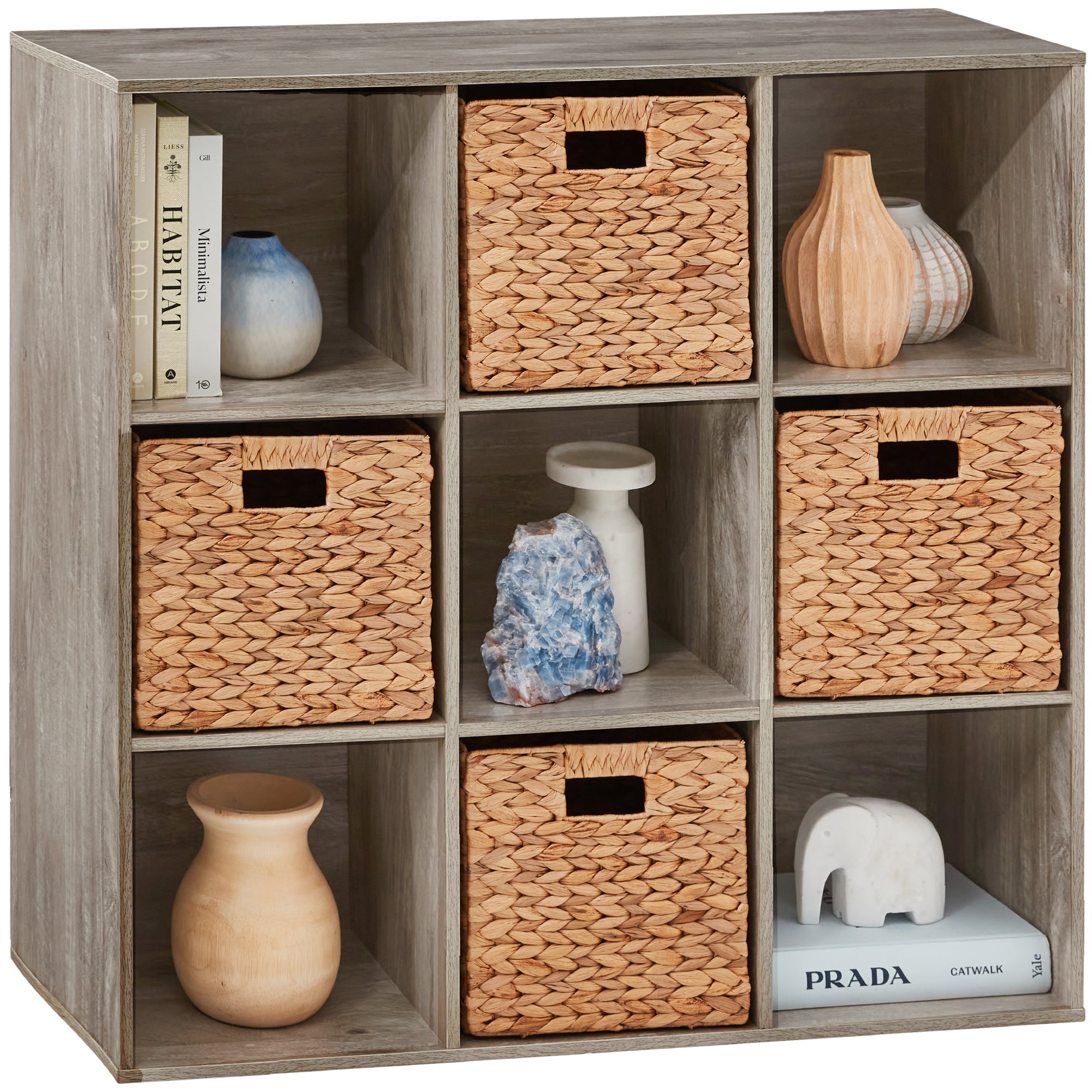 9-Cube Bookshelf Storage Display w/ 3 Removable Panels, Customizable Design - Greige