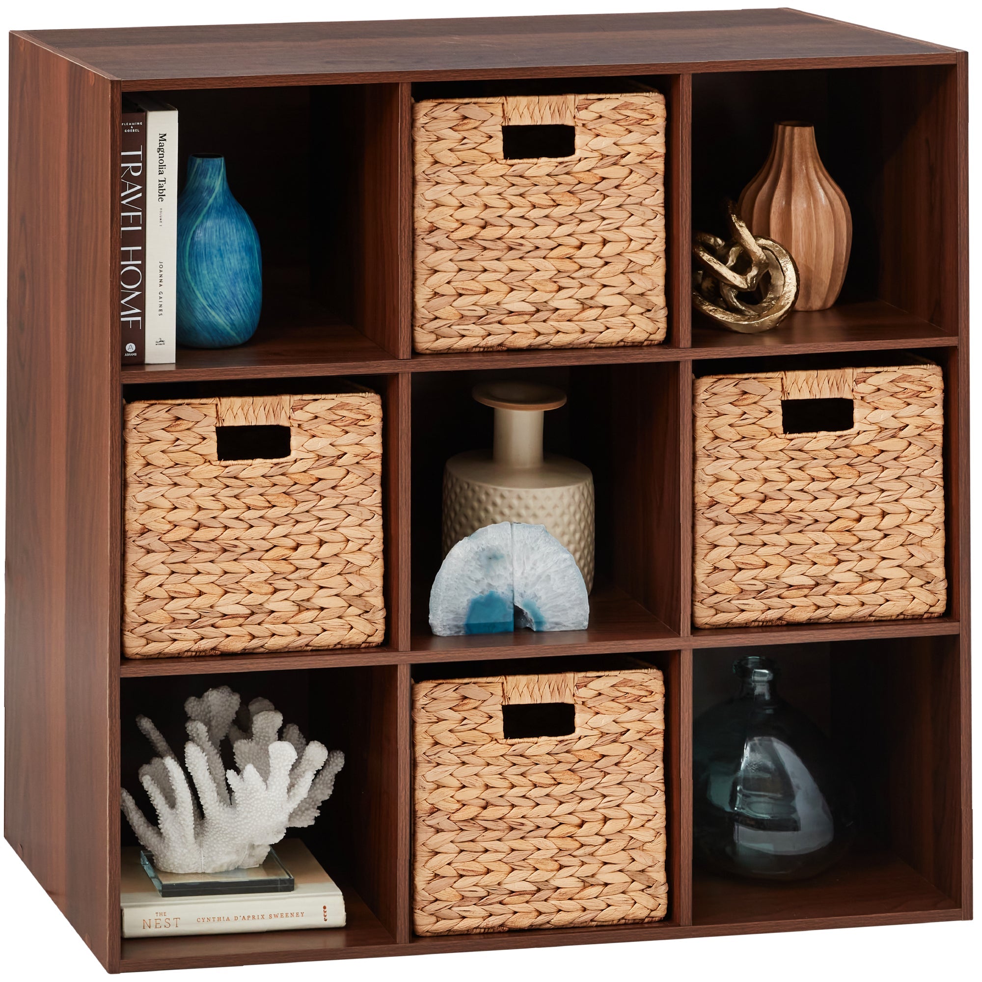 9-Cube Bookshelf Storage Display w/ 3 Removable Panels, Customizable Design - Walnut