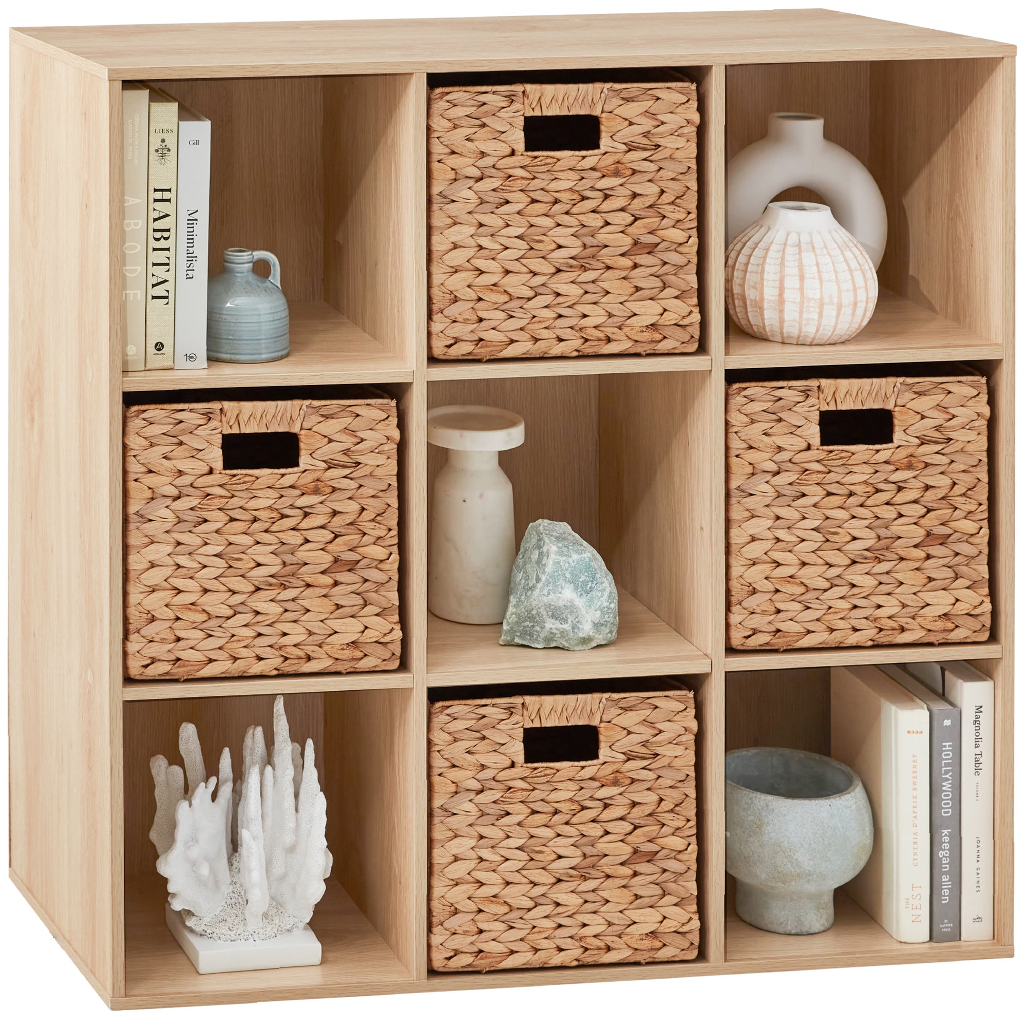 9-Cube Bookshelf Storage Display w/ 3 Removable Panels, Customizable Design - Light Oak