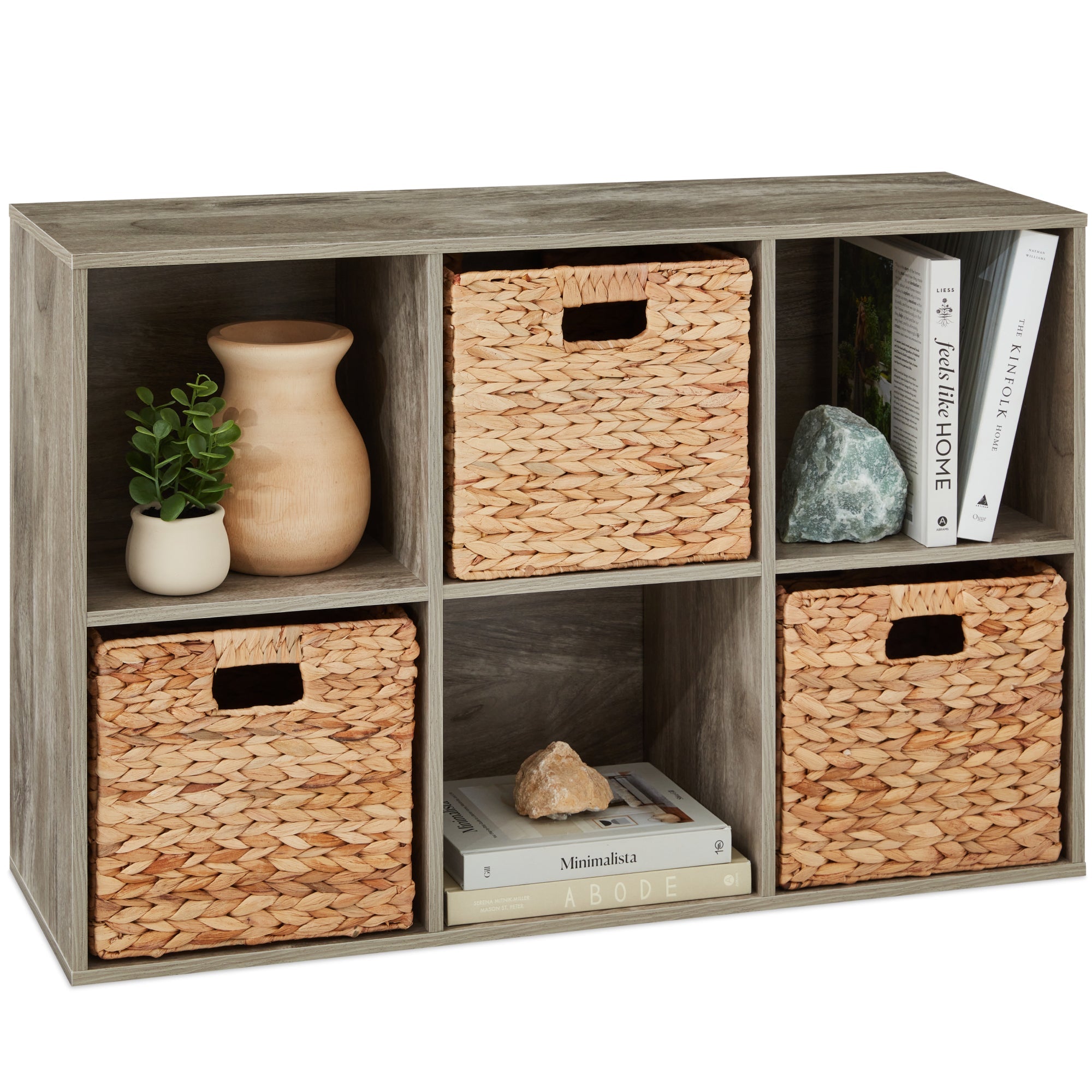 6-Cube Bookshelf, 11in Storage Display w/ Removable Panels, Customizable - Greige