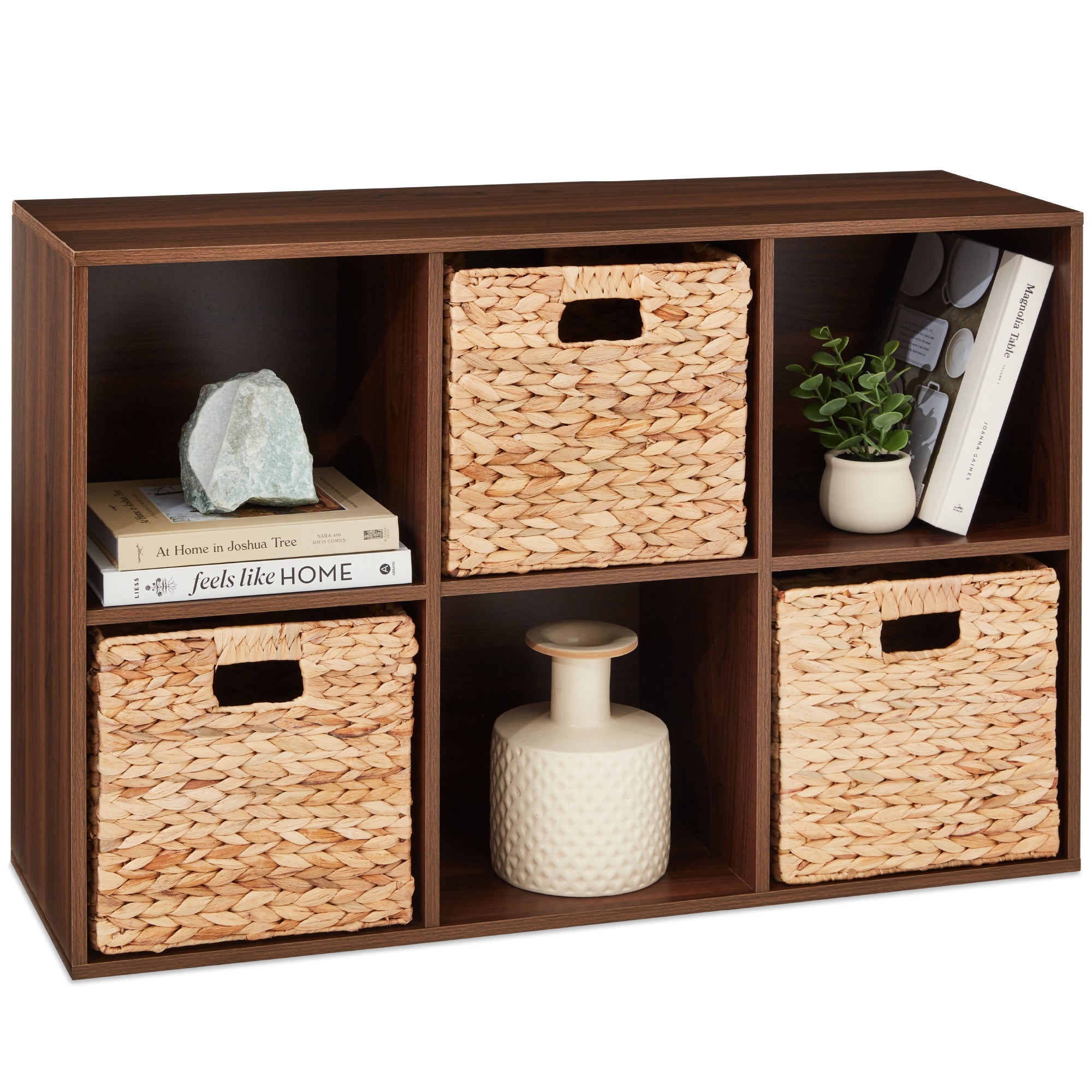 6-Cube Bookshelf, 11in Storage Display w/ Removable Panels, Customizable - Walnut