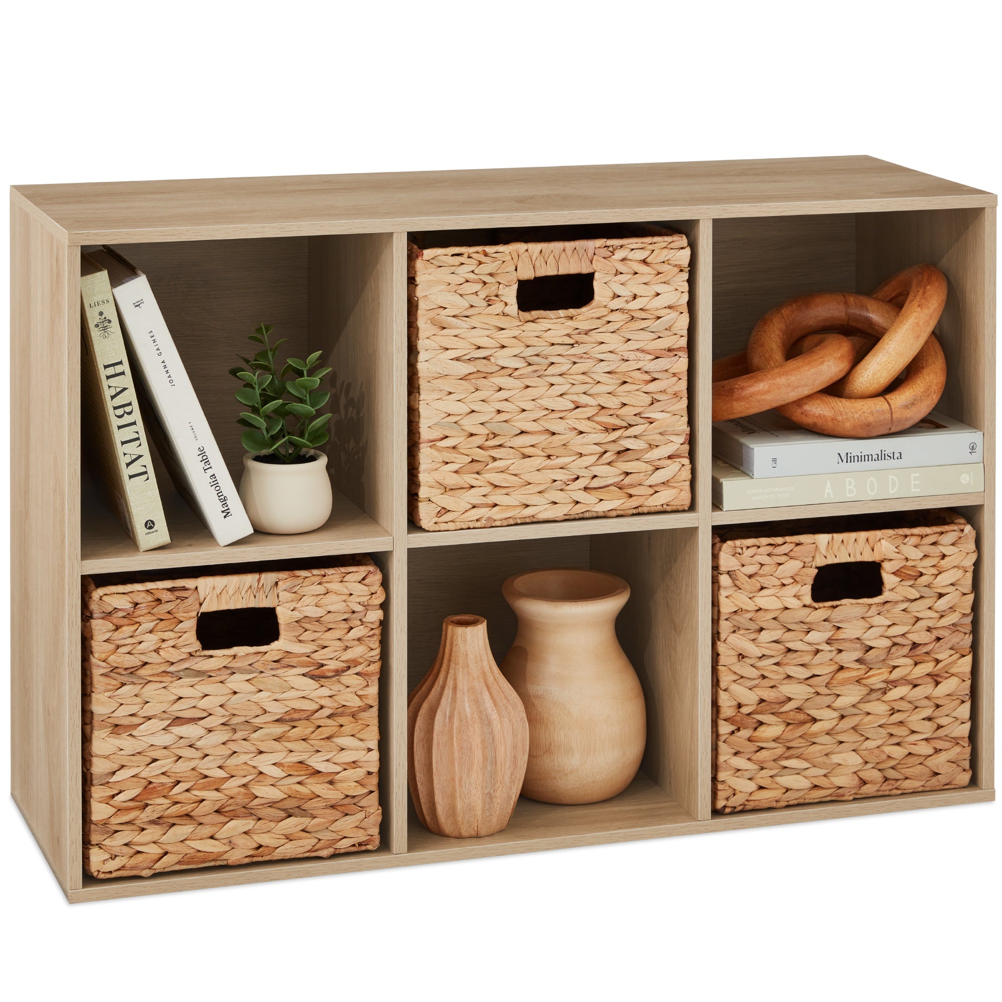 6-Cube Bookshelf, 11in Storage Display w/ Removable Panels, Customizable - Light Oak