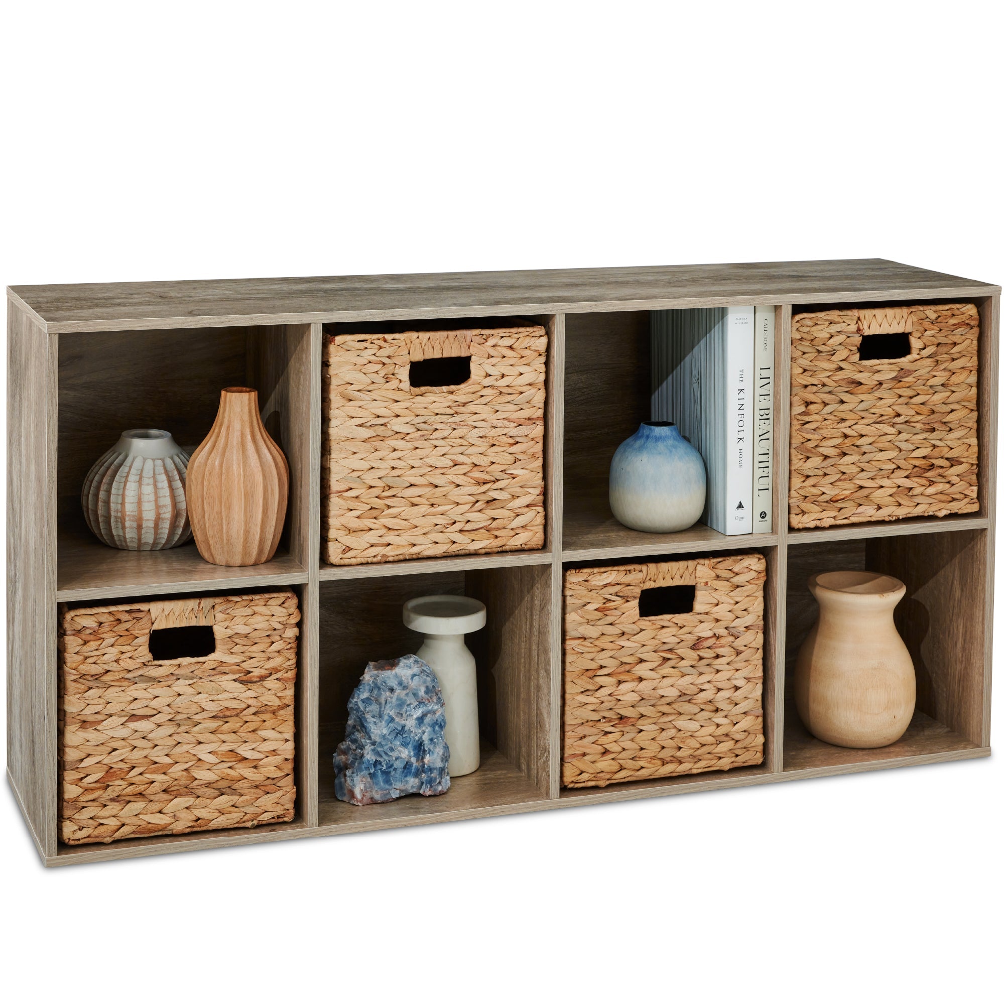 8-Cube Bookshelf, 11in Storage Display w/ Removable Panels, Customizable - Greige