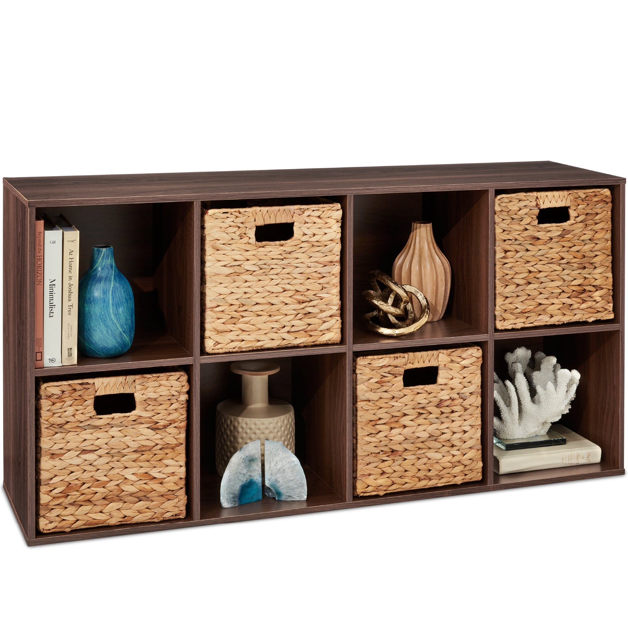 8-Cube Bookshelf, 11in Storage Display w/ Removable Panels, Customizable - Walnut