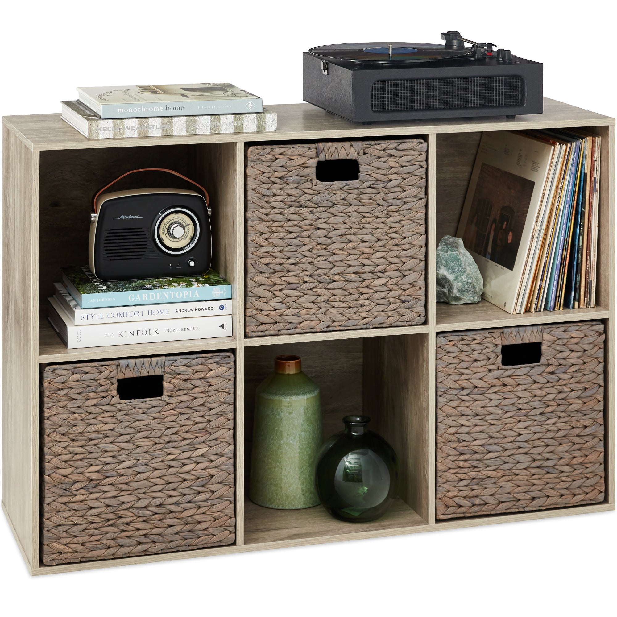 6-Cube Bookshelf, 13.5in Storage Display w/ Removable Panels, Customizable - Greige