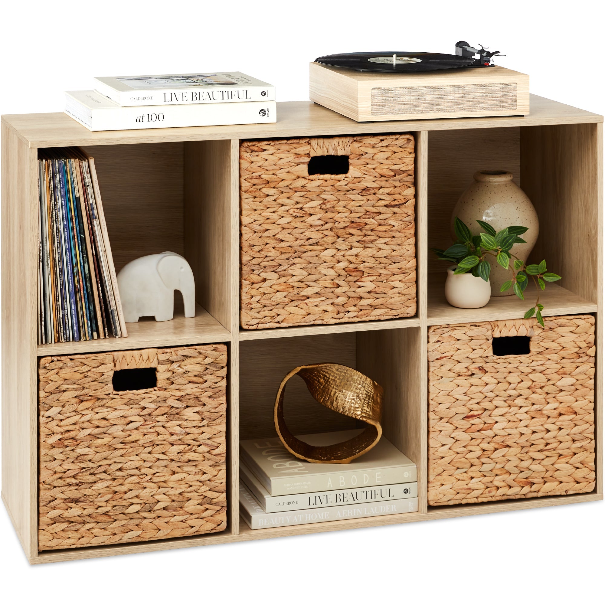 6-Cube Bookshelf, 13.5in Storage Display w/ Removable Panels, Customizable - Light Oak