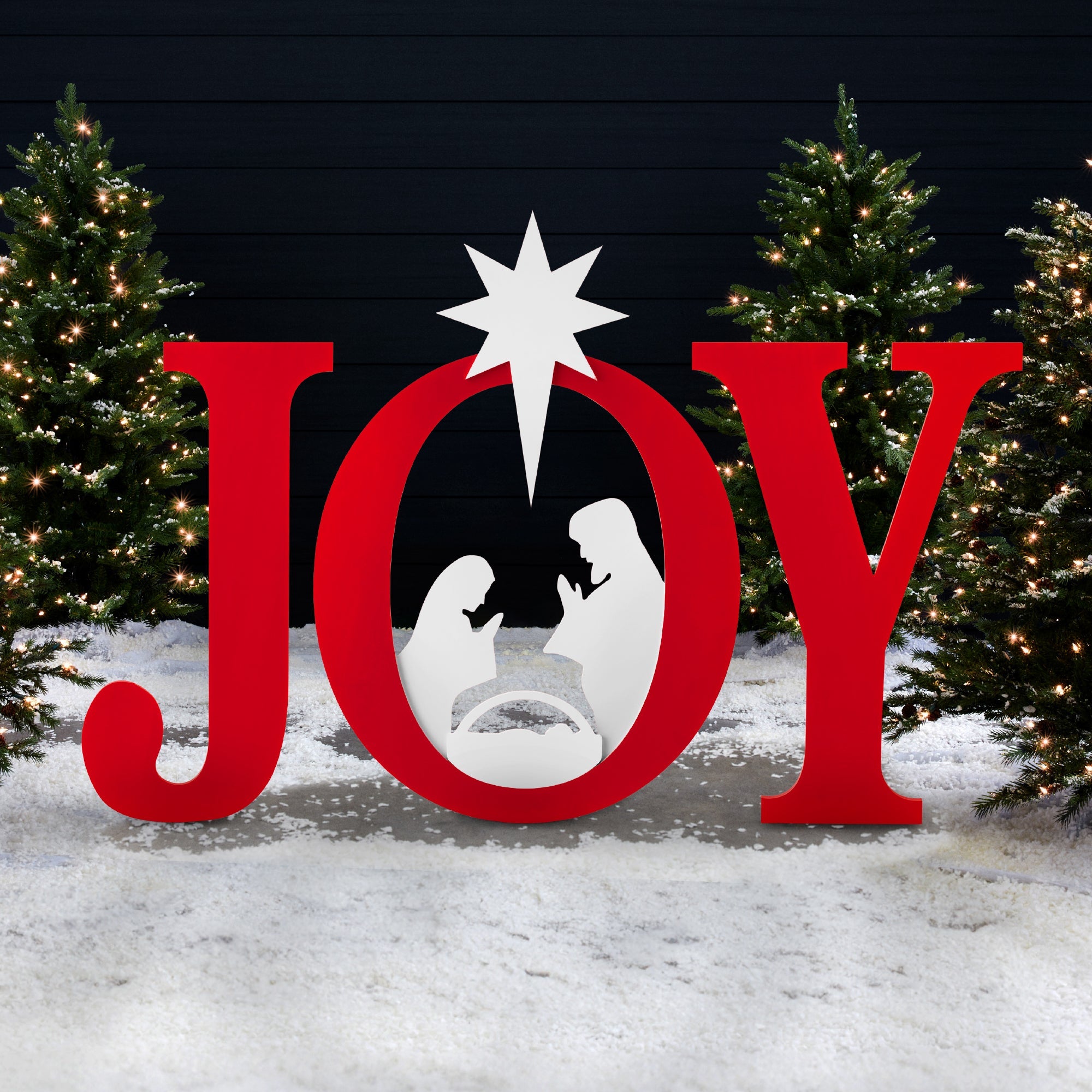 3-Piece Christmas JOY Nativity Yard Decoration w/ Ground Stakes - 46in - Red/White