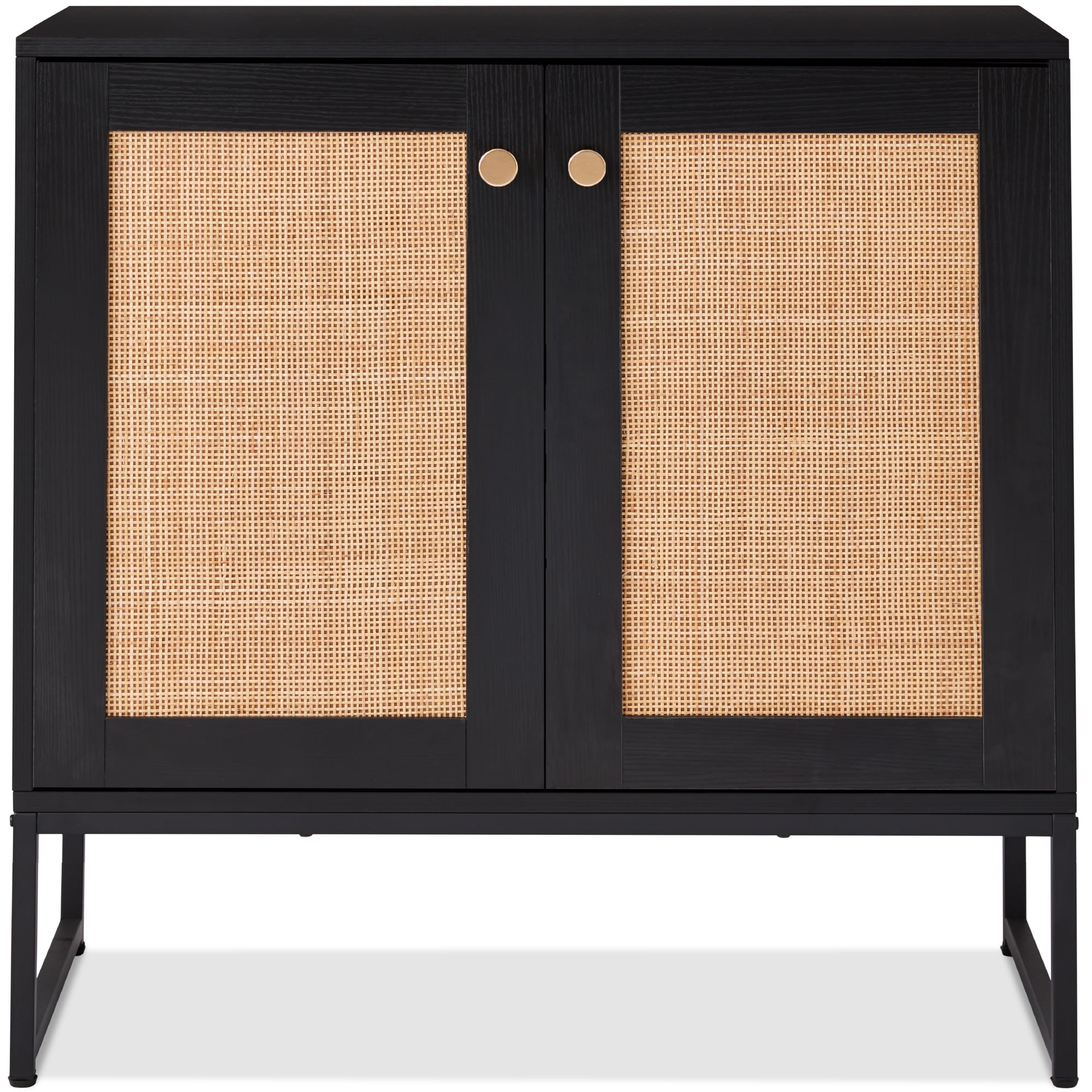 2-Door Rattan Storage Cabinet Accent Furniture for Living Room w/ Foot Pads - Black