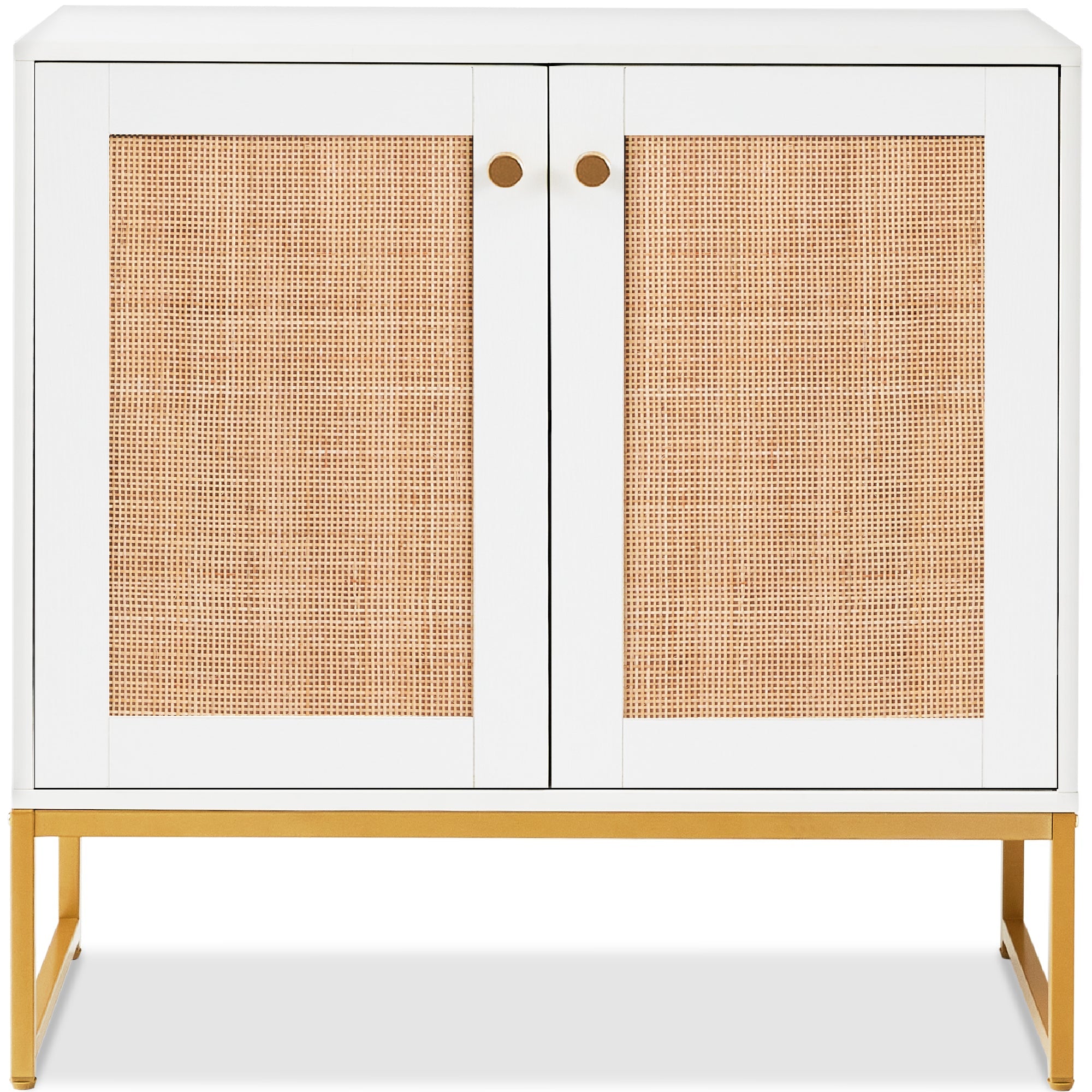2-Door Rattan Storage Cabinet Accent Furniture for Living Room w/ Foot Pads - White