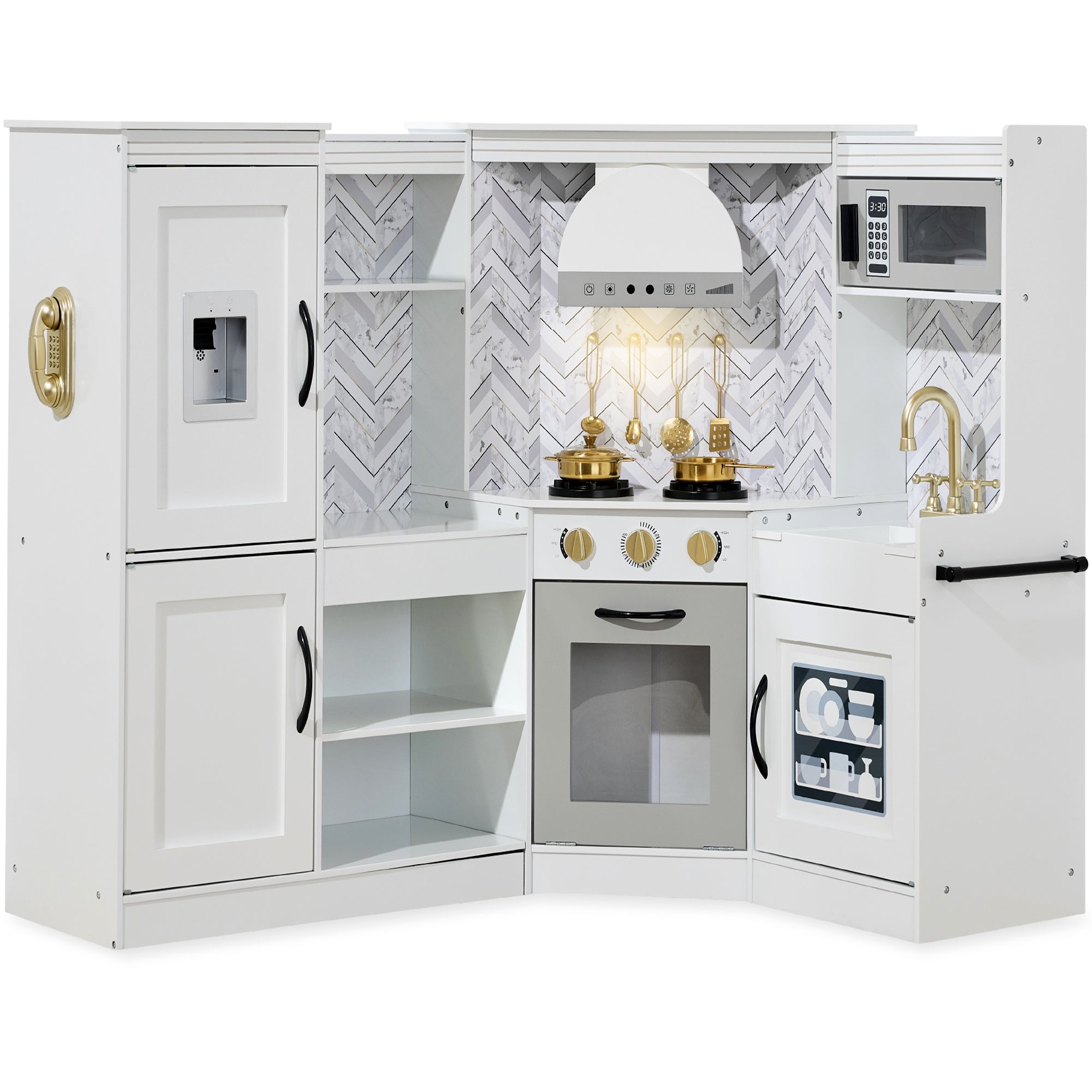 Pretend Play Corner Kitchen Wooden Toy Set for Kids w/ Lights, Sounds - White