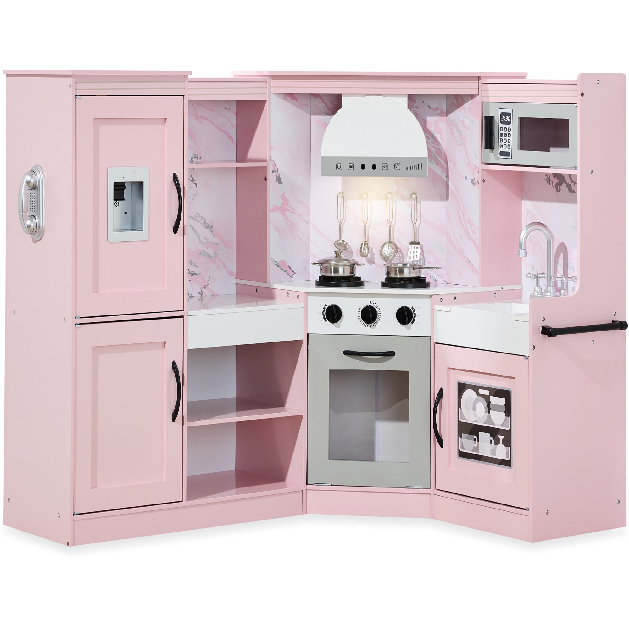 Pretend Play Corner Kitchen Wooden Toy Set for Kids w/ Lights, Sounds - Pink