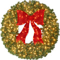 Pre-Lit Artificial Fir Christmas Wreath w/ Red Bow, LED Lights - 48in