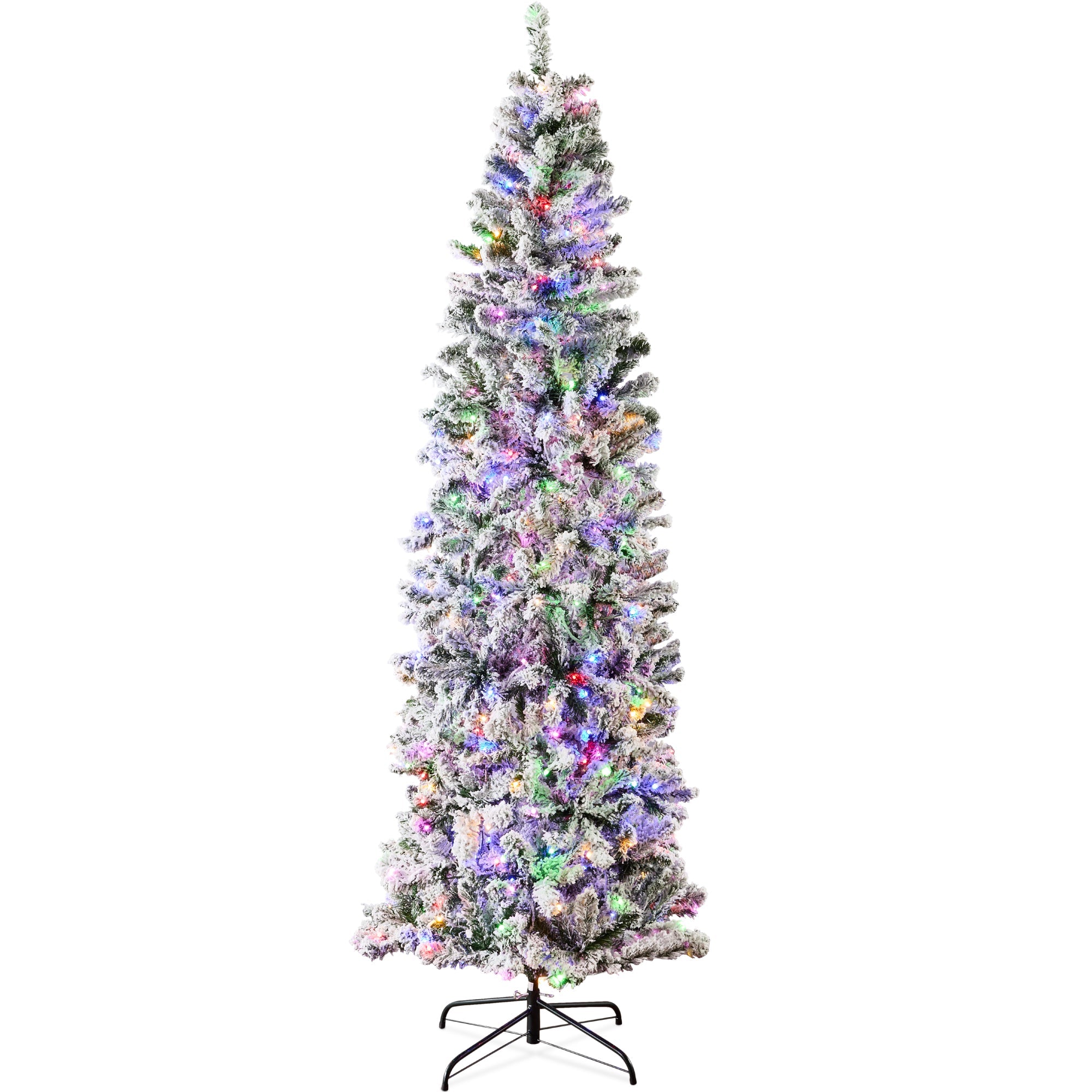 Pre-Lit Snow Flocked Artificial Pencil Christmas Tree w/ Multicolor Lights - 9ft