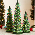 Set of 3 Pre-Lit Ceramic Tabletop Christmas Trees - Green w/ Multicolor Lights