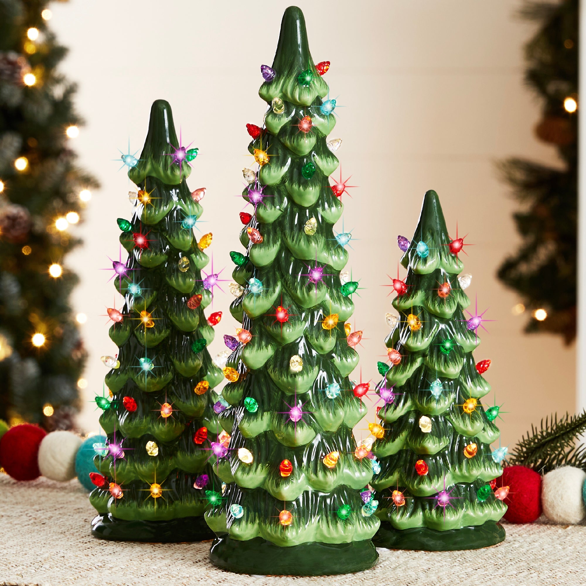 Set of 3 Pre-Lit Ceramic Tabletop Christmas Trees - Green w/ Multicolor Lights