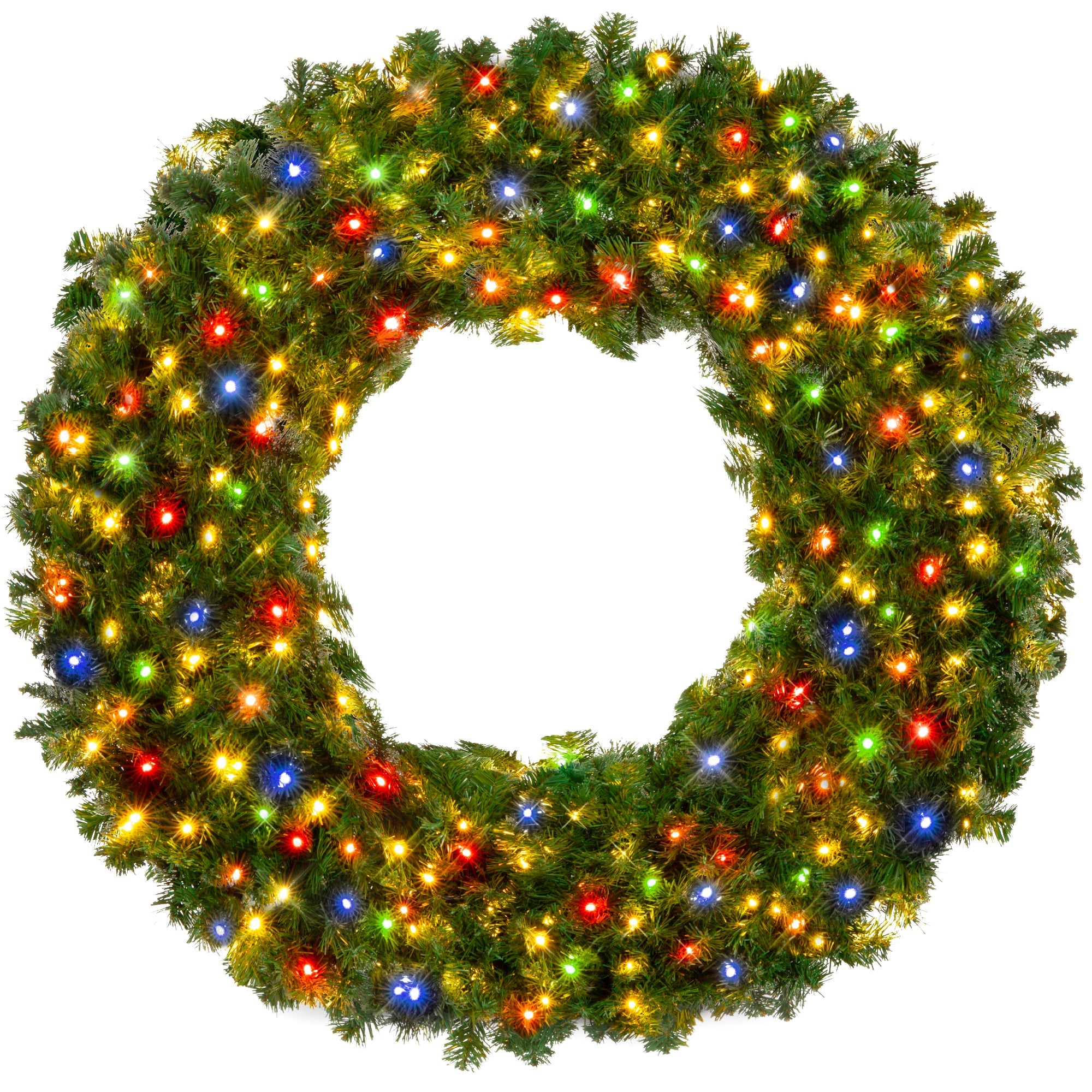 Pre-Lit Artificial Fir Christmas Wreath w/ Multicolor LED Lights, PVC Tips - 48in