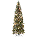 Pre-Lit Partially Flocked Pencil Christmas Tree w/ Pine Cones, Metal Stand - 7.5ft