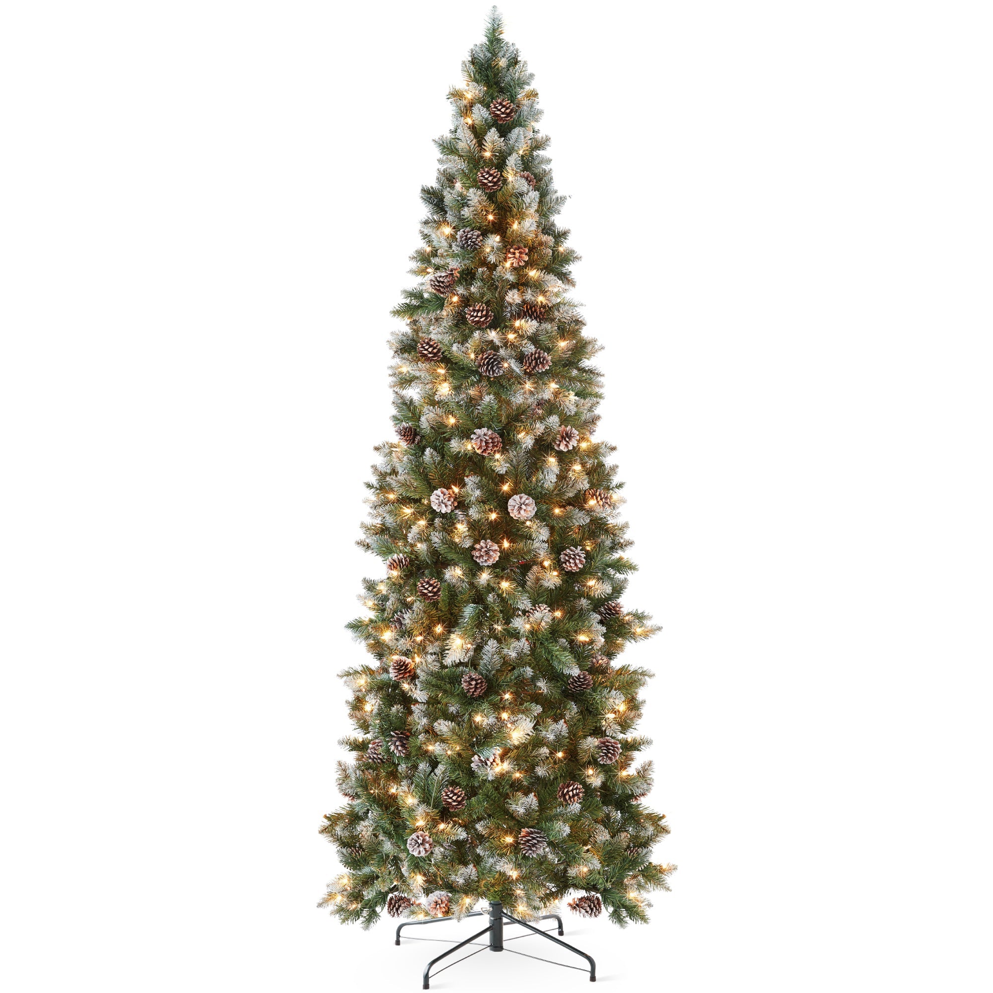 Pre-Lit Partially Flocked Pencil Christmas Tree w/ Pine Cones, Metal Stand - 7.5ft