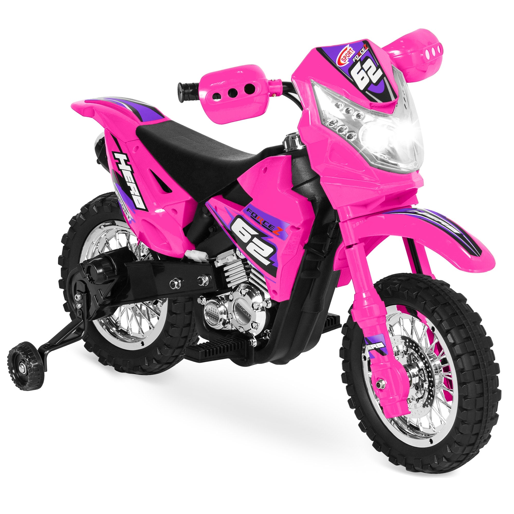 6V Kids Electric Ride-On Motorcycle Toy w/ Training Wheels, Lights, Music - Hot Pink