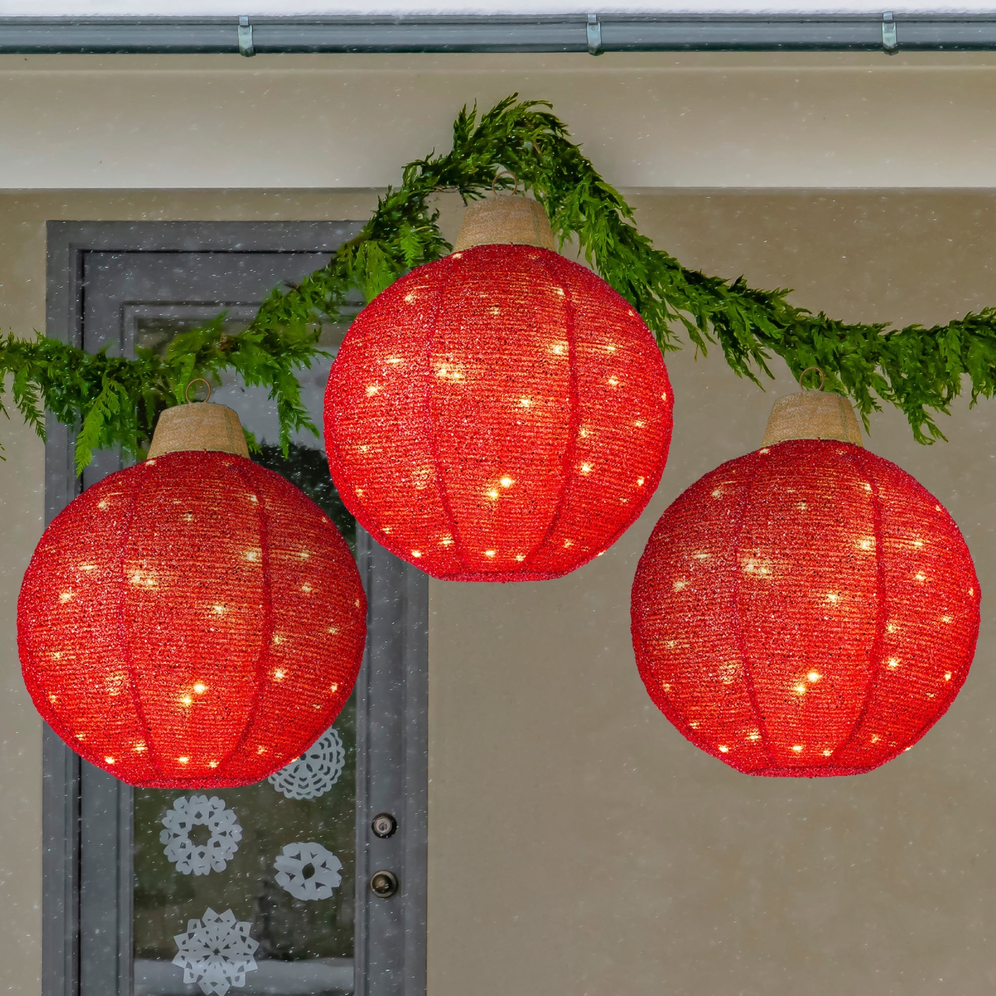 3-Piece Hanging Pop-Up Ornaments Outdoor Christmas Decor, LED Lights - Red
