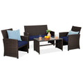 4-Piece Outdoor Wicker Conversation Patio Set w/ 4 Seats, Glass Table Top - Brown/Navy