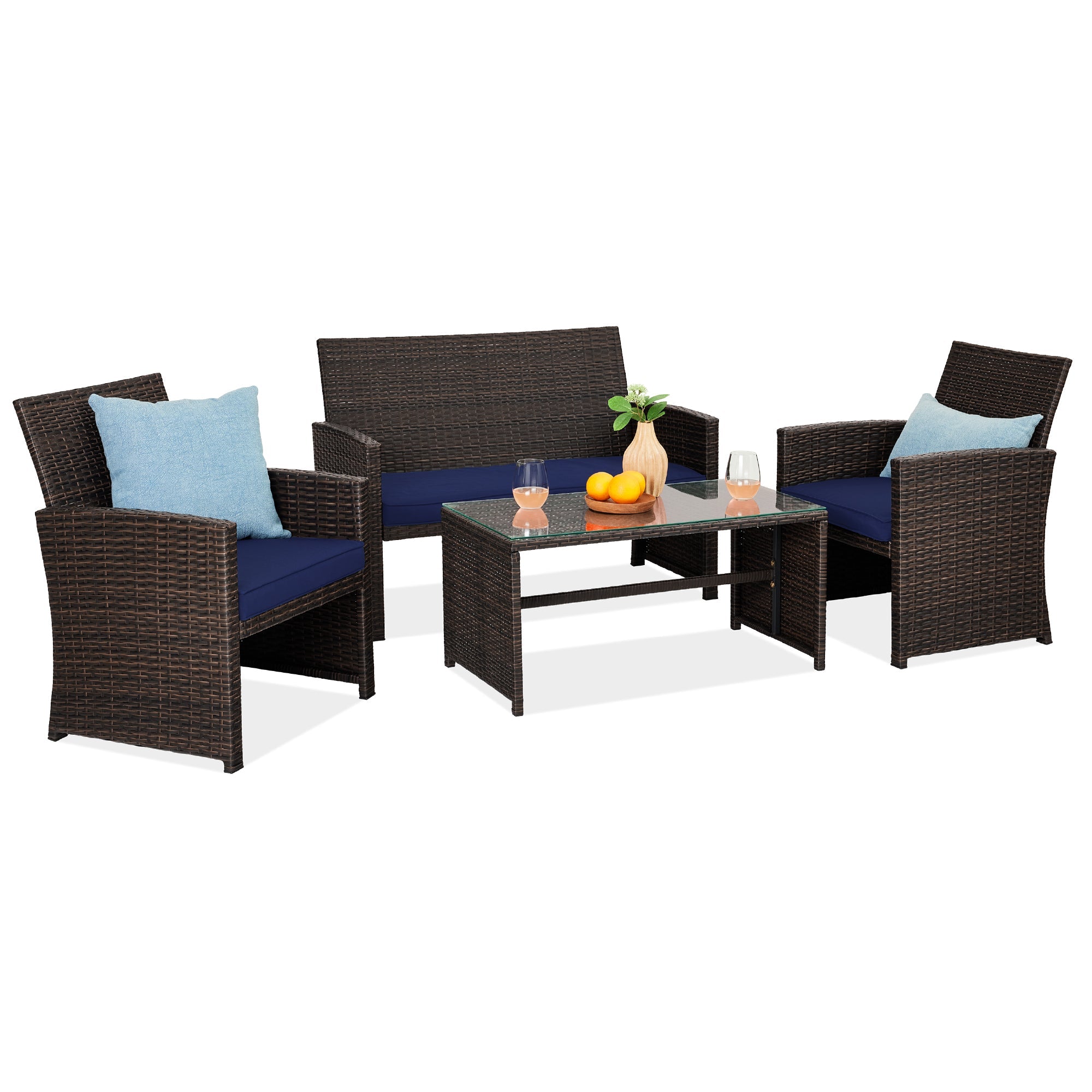 4-Piece Outdoor Wicker Conversation Patio Set w/ 4 Seats, Glass Table Top - Brown/Navy